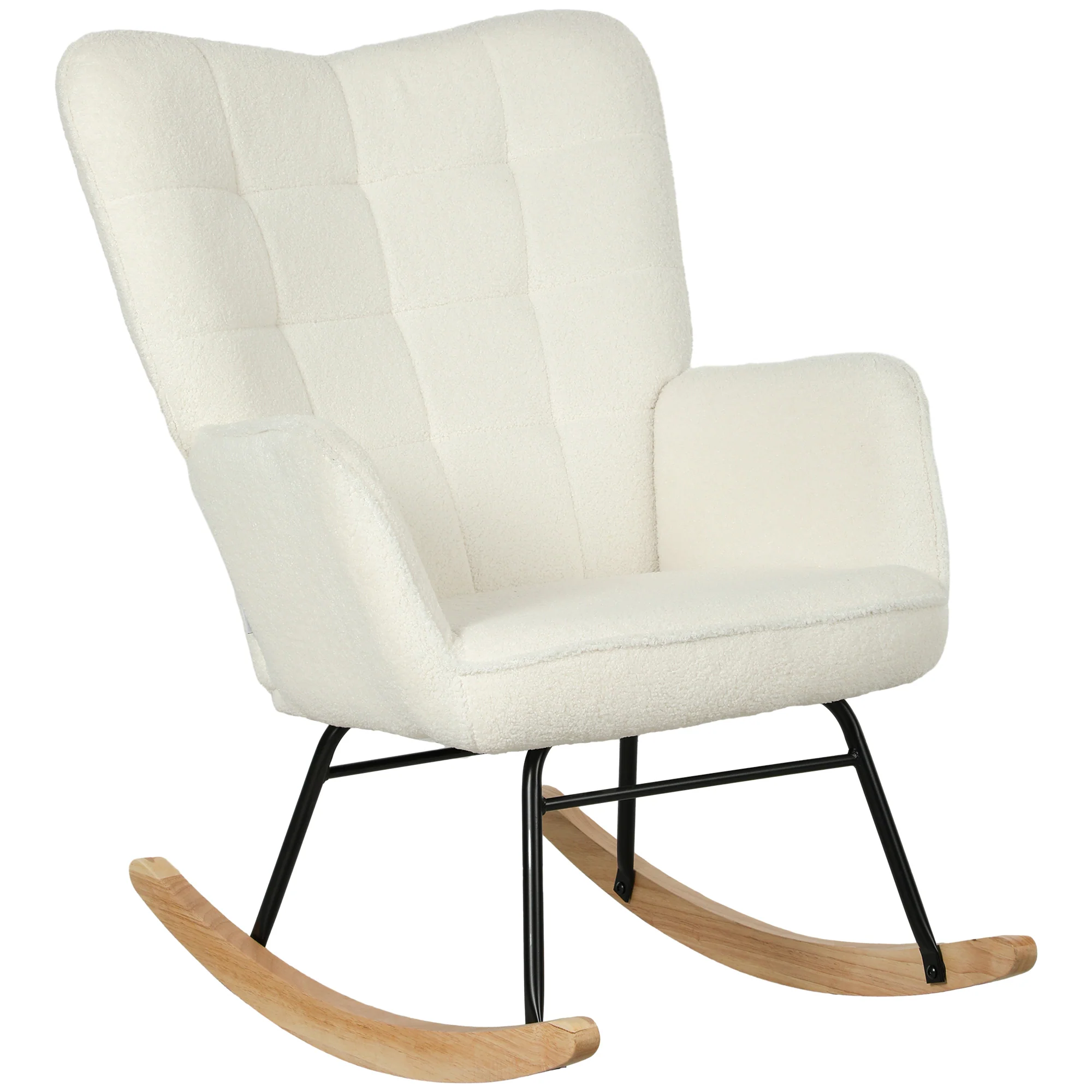 HOMCOM Schommelstoel in Berbervlies Look met Armleuningen, Ergonomische Stoel met Houten Glijders, voor Woonkamer, Slaapkamer, Wit