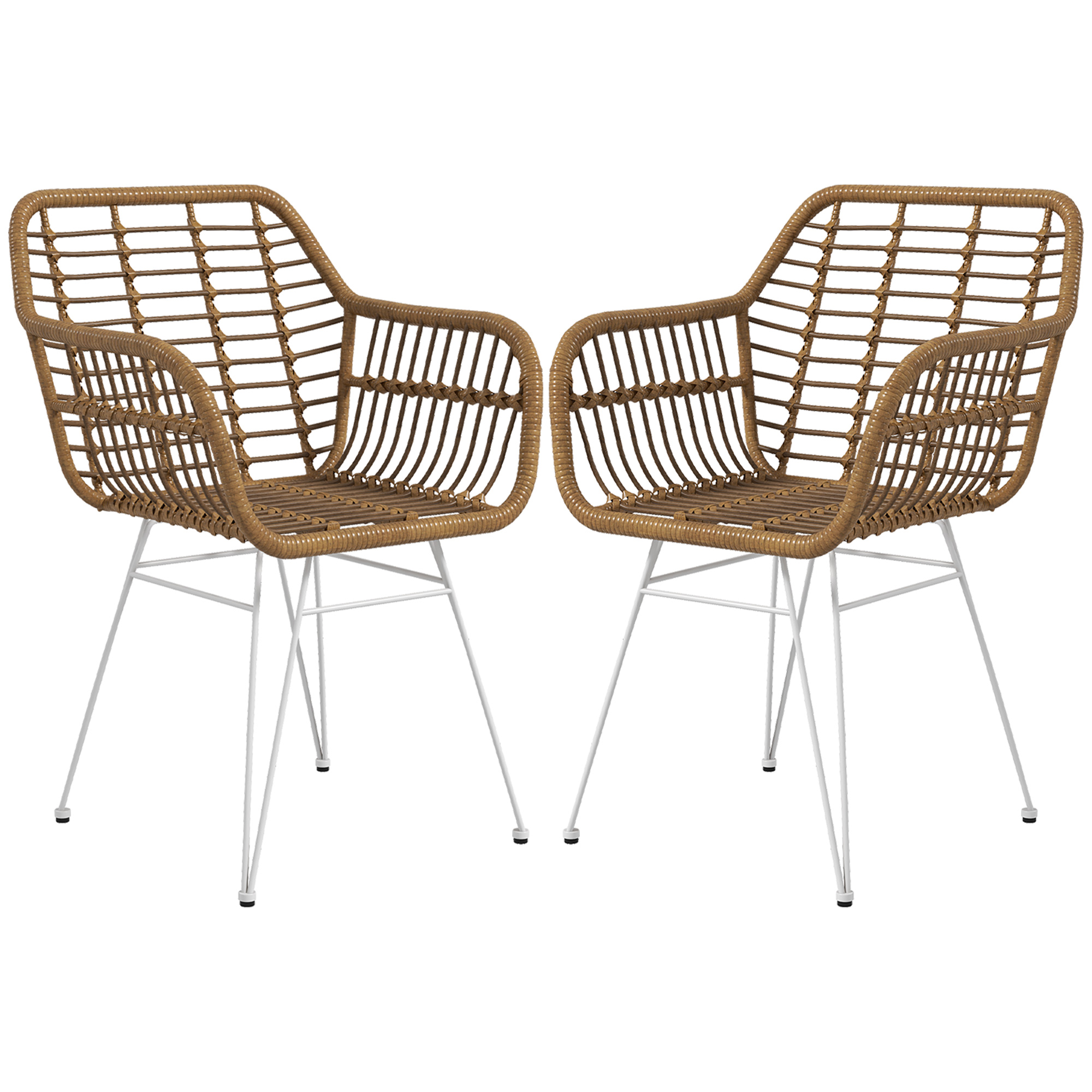 2-delige set stoelen in Boho-stijl, keukenstoelen, PE-Rattan, 56 x 60 x 79 cm, Natuur + Wit