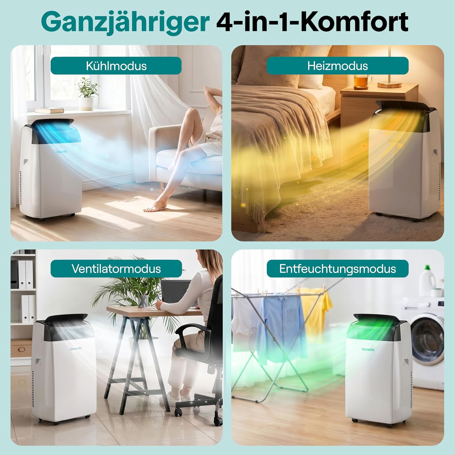 SereneLife Klimaanlage Mobil- mit Abluftschlauch 14000 BTU 2,9kW, 4-in-1 Klimagerät-Kühlen Heizen Ventilieren und Entfeuchten, WLAN- Steuerung, Digitaldisplay, 24h- Timer, bis 45 m²