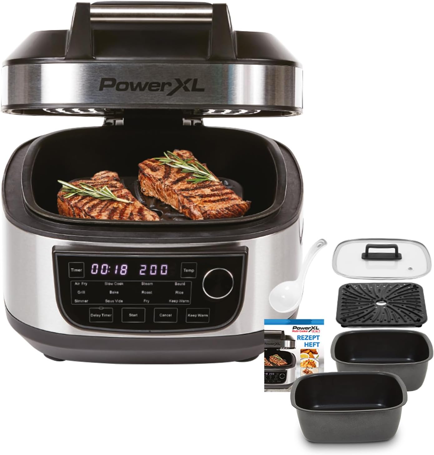 PowerXL MultiCooker - 12 in 1 Multikocher mit Warmhaltefunktion - Heißluftfritteuse, Backofen, Bratpfanne, Reiskocher uvm. - 5,7 Liter Fassungsvermögen - 12 Kochprogramme - Airfryer - Kaloriensparend