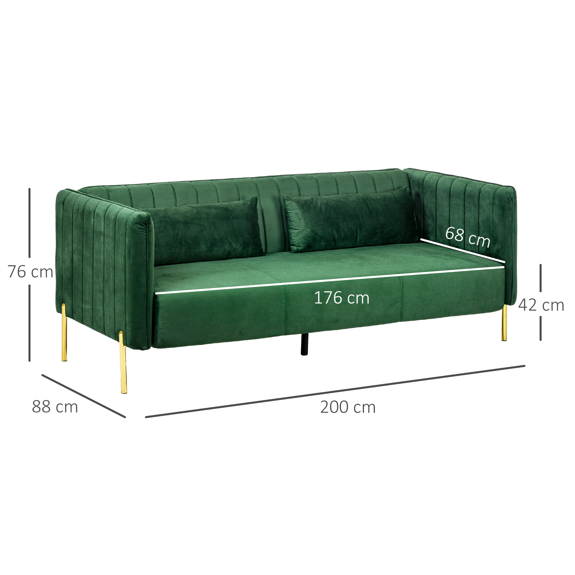 3-zitsbank, inclusief 2 kussens, fluwelen look, retro design, afneembare hoes, 195 cm x 88 cm x 76 cm groen