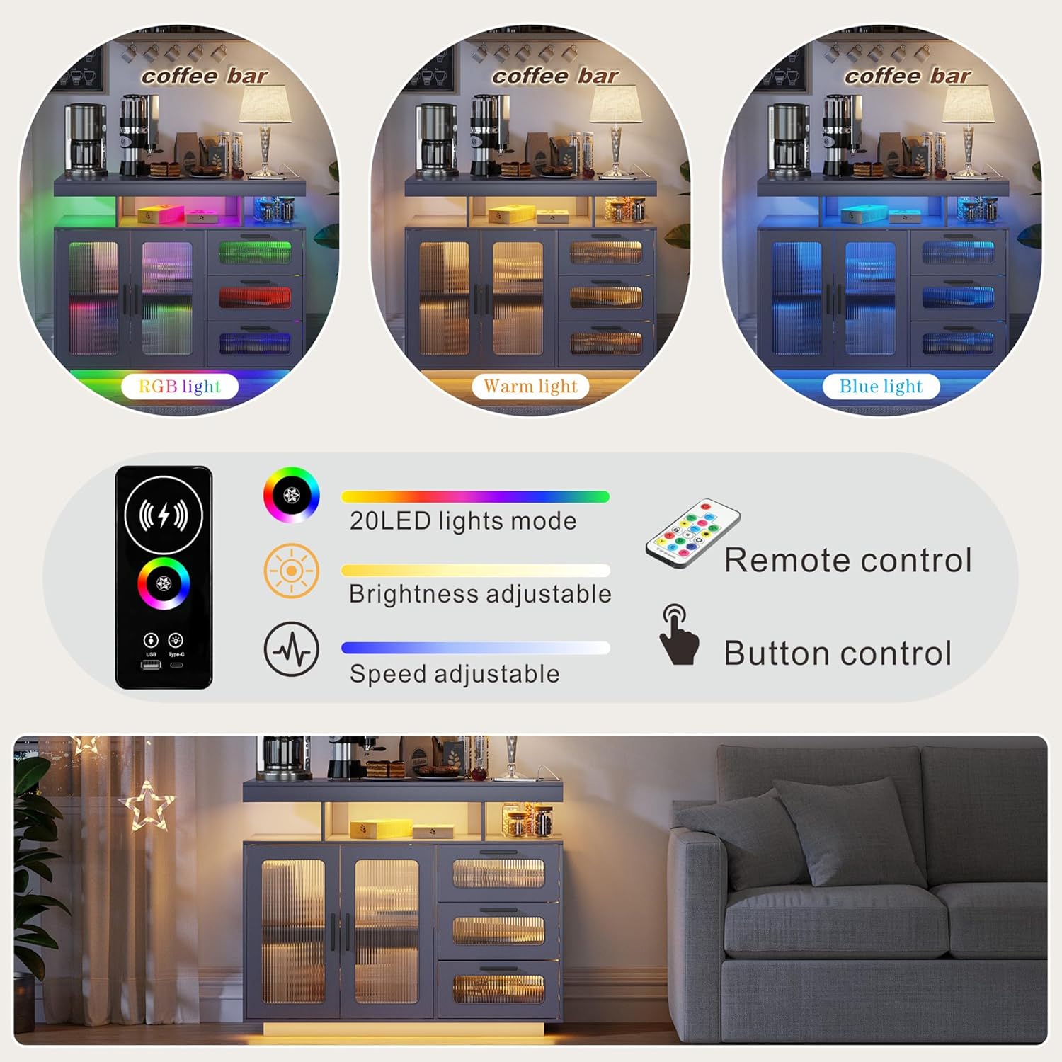 FREDEES RGB Küchenschrank mit Ladestation & LED-Beleuchtung, Sideboard Buffetschrank mit Stauraum für Küche und Esszimme, Gray