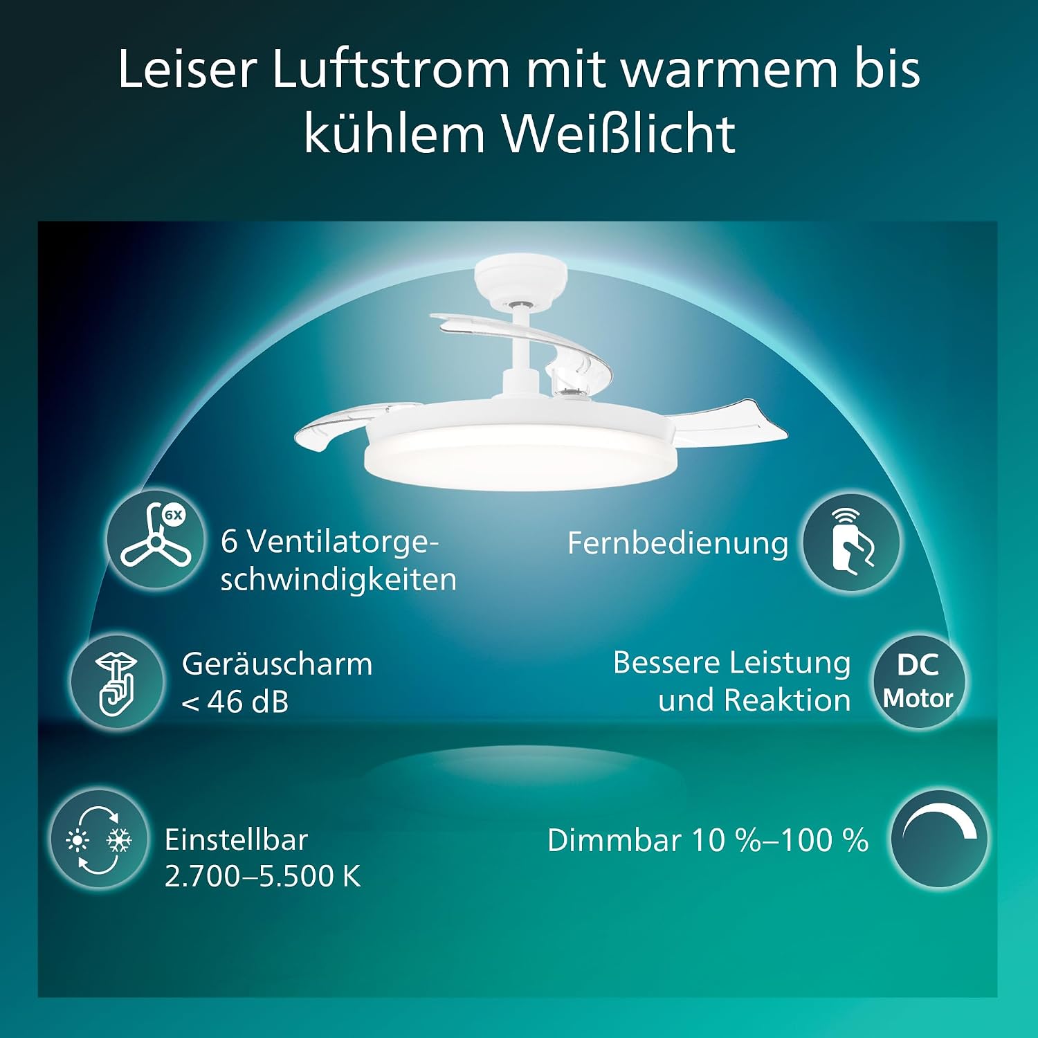 PHILIPS Solr Deckenventilator mit LED-Licht und Einziehbaren Flügeln, 3 Flügel, 106 cm Flügelspannweite, 4.500 Lumen, Drei Weißstufen (2.700 K/4.000 K/5.500 K), Dimmbar bis 10%, Inkl. Fernbed., Weiß