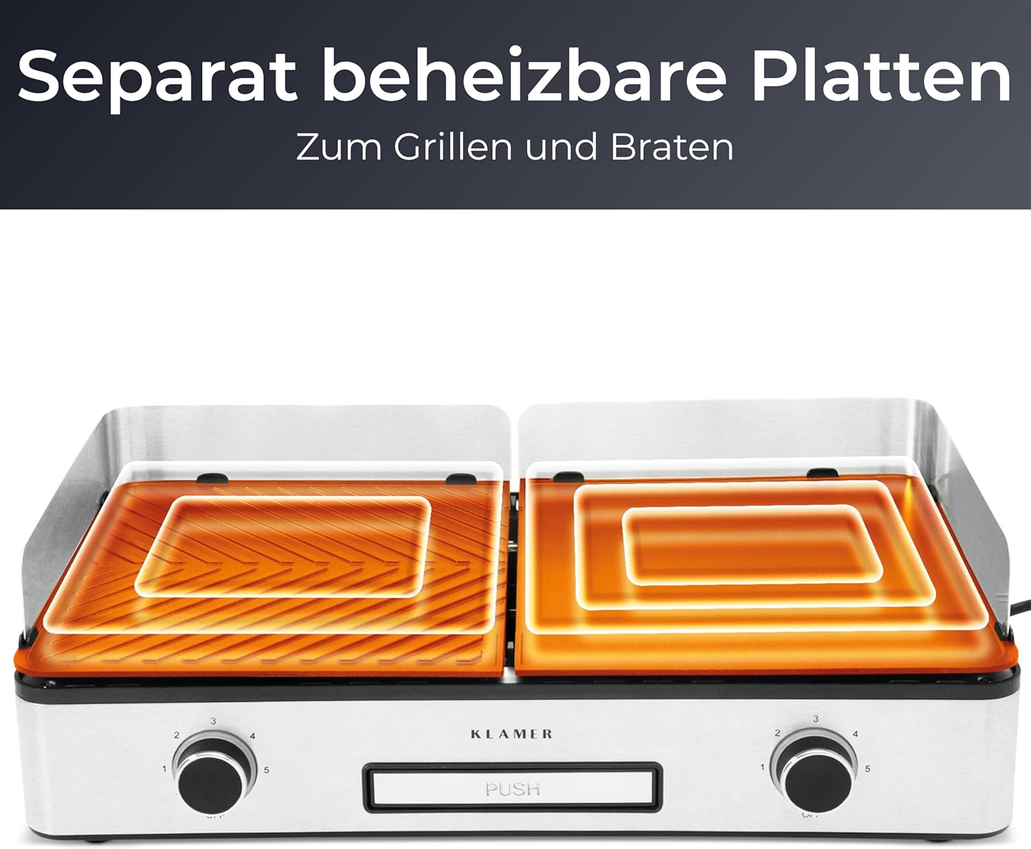 KLAMER Elektrogrill, antihaftbeschichtete und abnehmbare Duo-Platten, separate Temperatureinstellung, 5 Grillstufen, mit Wind-/ Spritzschutz & Auffangschale