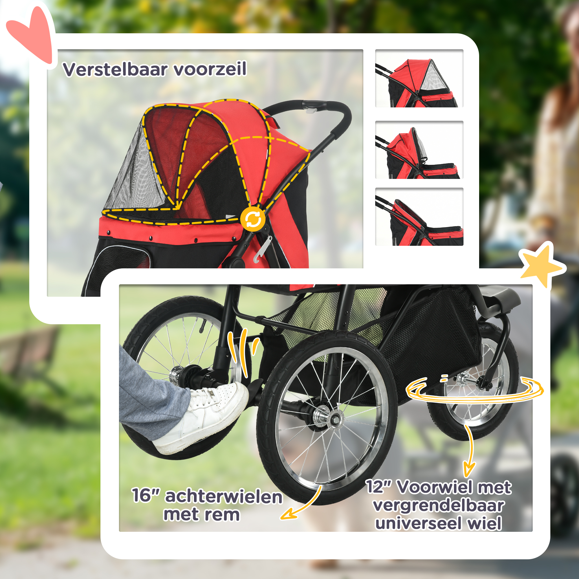 PawHut Opvouwbare hondenwagen met zonbescherming, netvensters en opbergmand - Rood, 111 x 58 x 107 cm