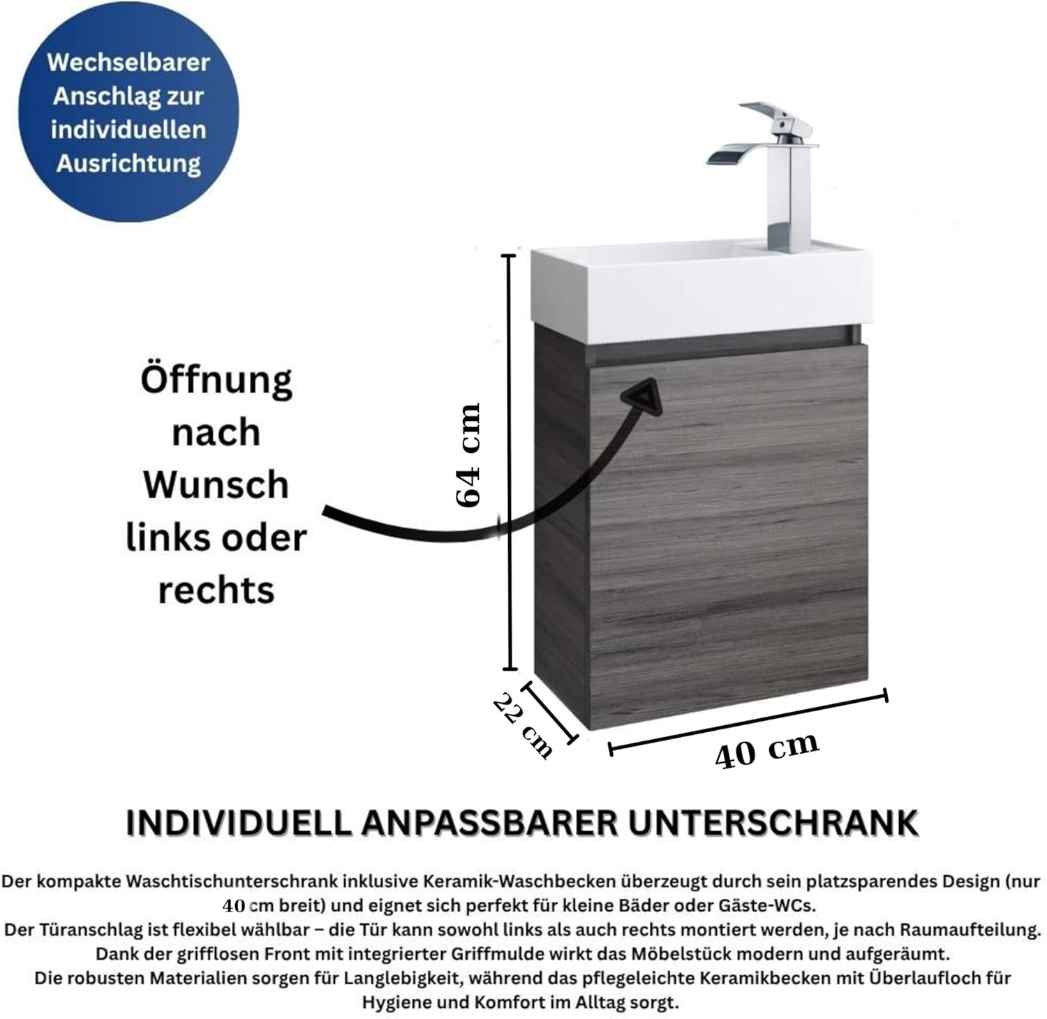 Faizee Home Badmöbel Set Grau – Waschbeckenunterschrank mit Keramik Waschbecken & Armatur – Kompakter Badezimmerschrank Badschrank ohne Spiegel für Gäste WC & kleine Bäder