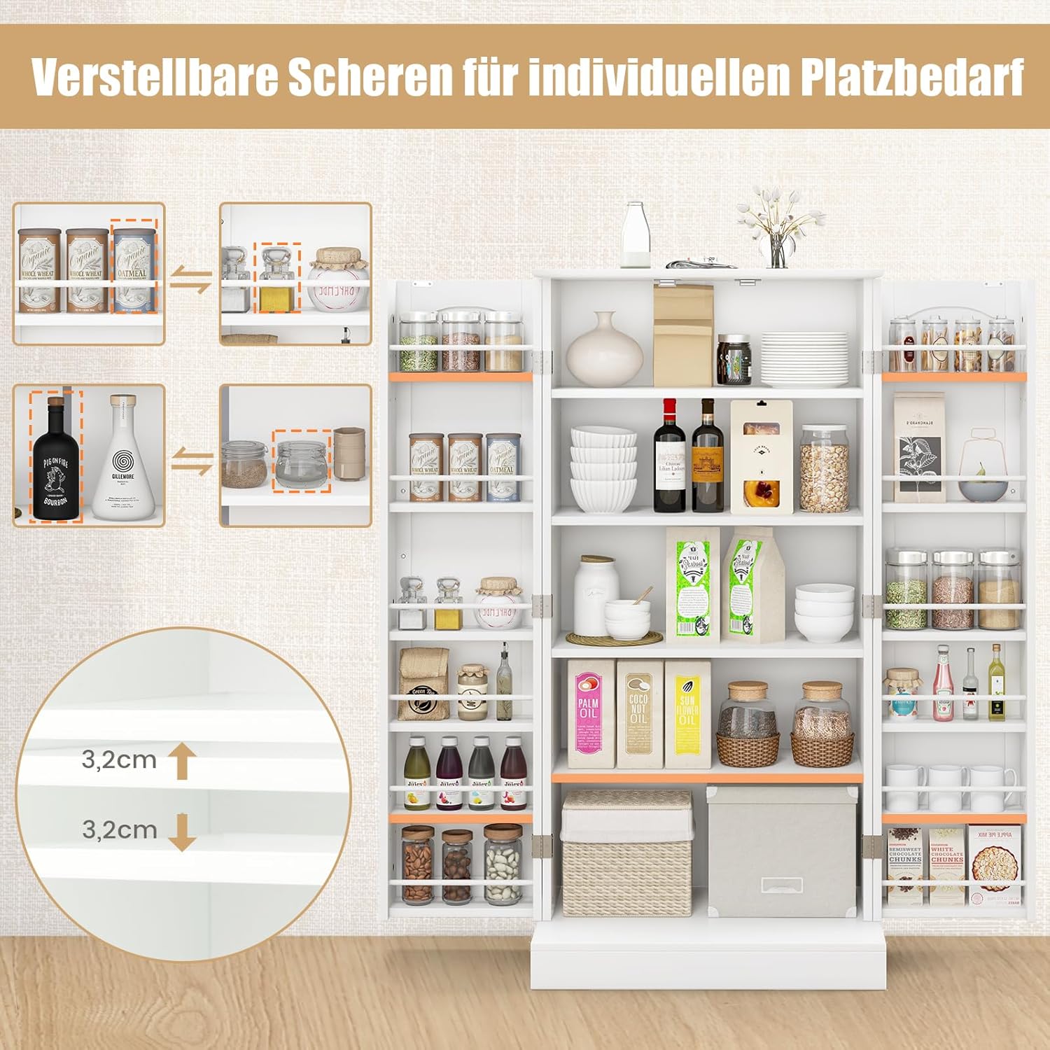 GOPLUS Vorratsschrank mit Türen, 120cm hoch Küchenschrank mit verstellbaren Regalen & Metallgriffen, Mehrzweckschrank Aufbewahrungsschrank für Küche, Esszimmer, & Wohnzimmer (Weiß)