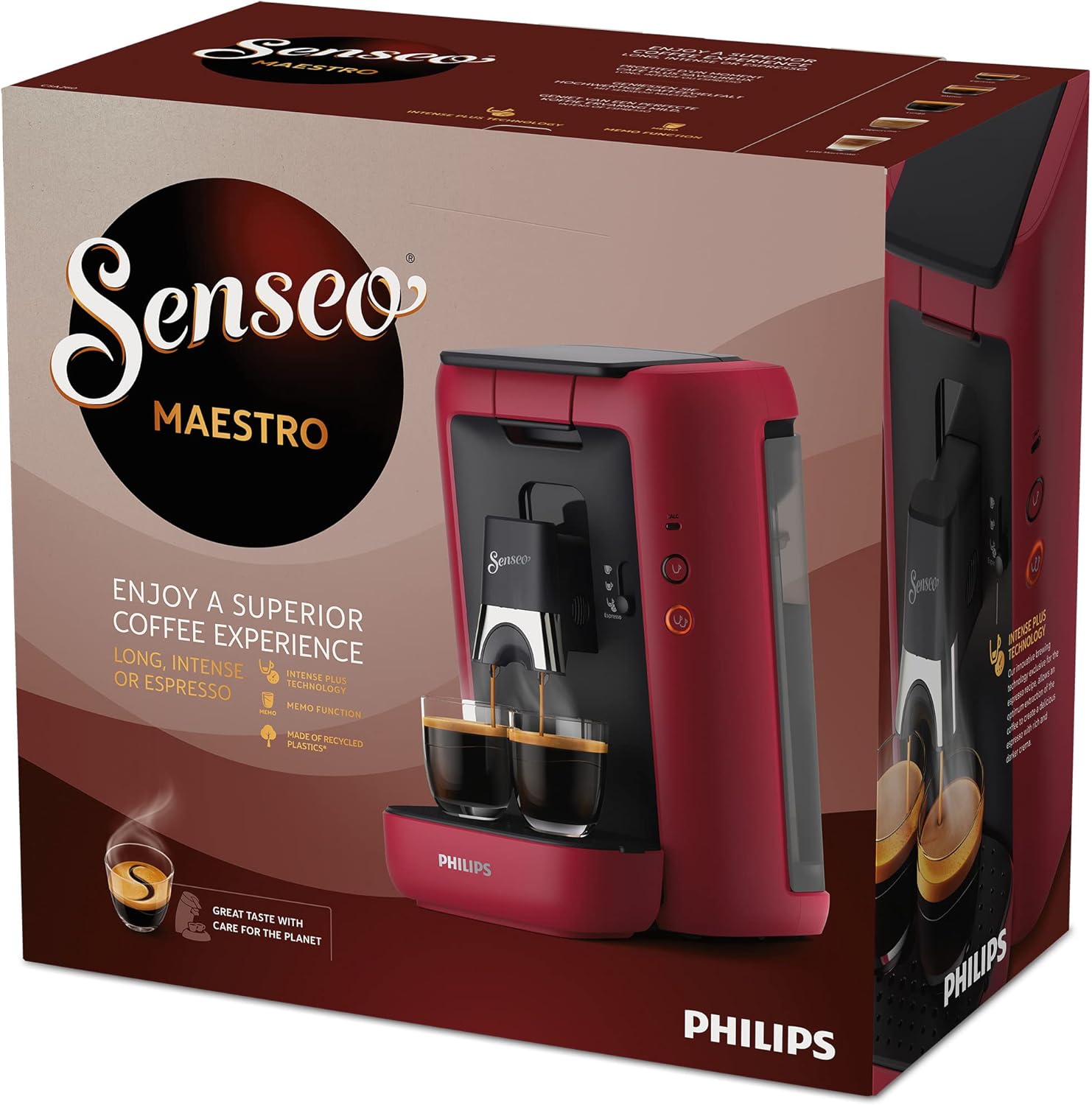 Philips Senseo Maestro Kaffeepadmaschine mit Kaffeestrkewahl und Memo-Funktion, 1,2 Liter Wasserbehlter, Grünes Produkt, Farbe: Rot (CSA260/90)