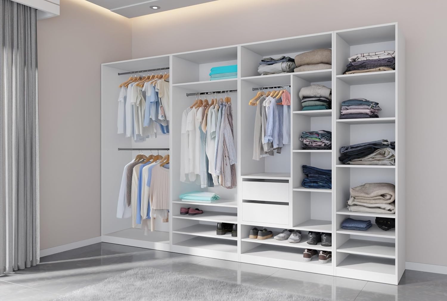 Marmex Garderobenschrank-Set TRES B, großes, breites Schrankset für das Schlafzimmer ohne Türen, Kleiderschrank mit Kleiderstangen, Einlegeböden für Kleidung, Schuhe 320x206x51 (weiß)