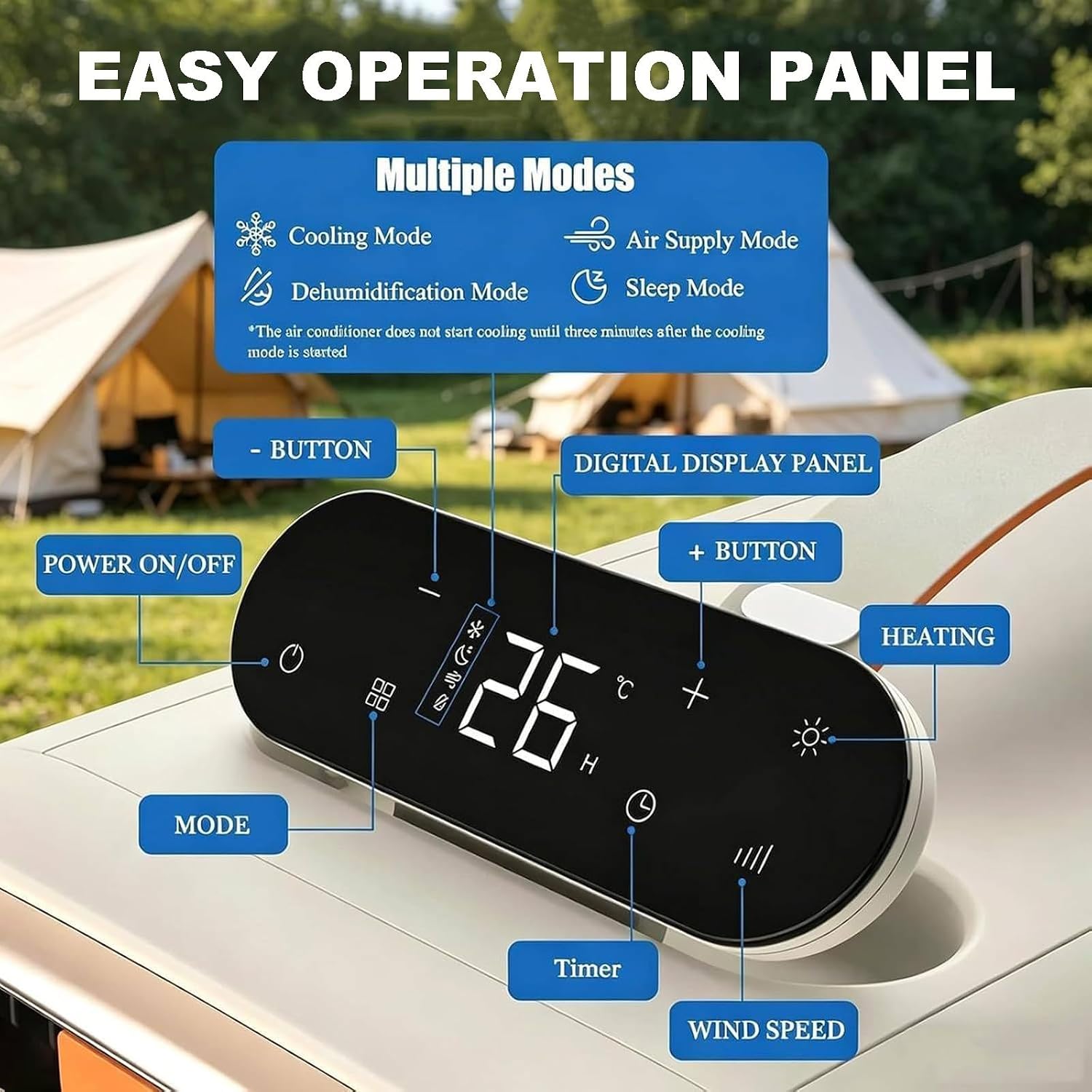 Tragbare Klimaanlage, Camping Klimagerät mit Heizfunktion, Geringer Energieverbrauch, 8-10㎡ Kühlfläche, Einstellbare Temperatur, für Zelt Camper Van cool AC110V