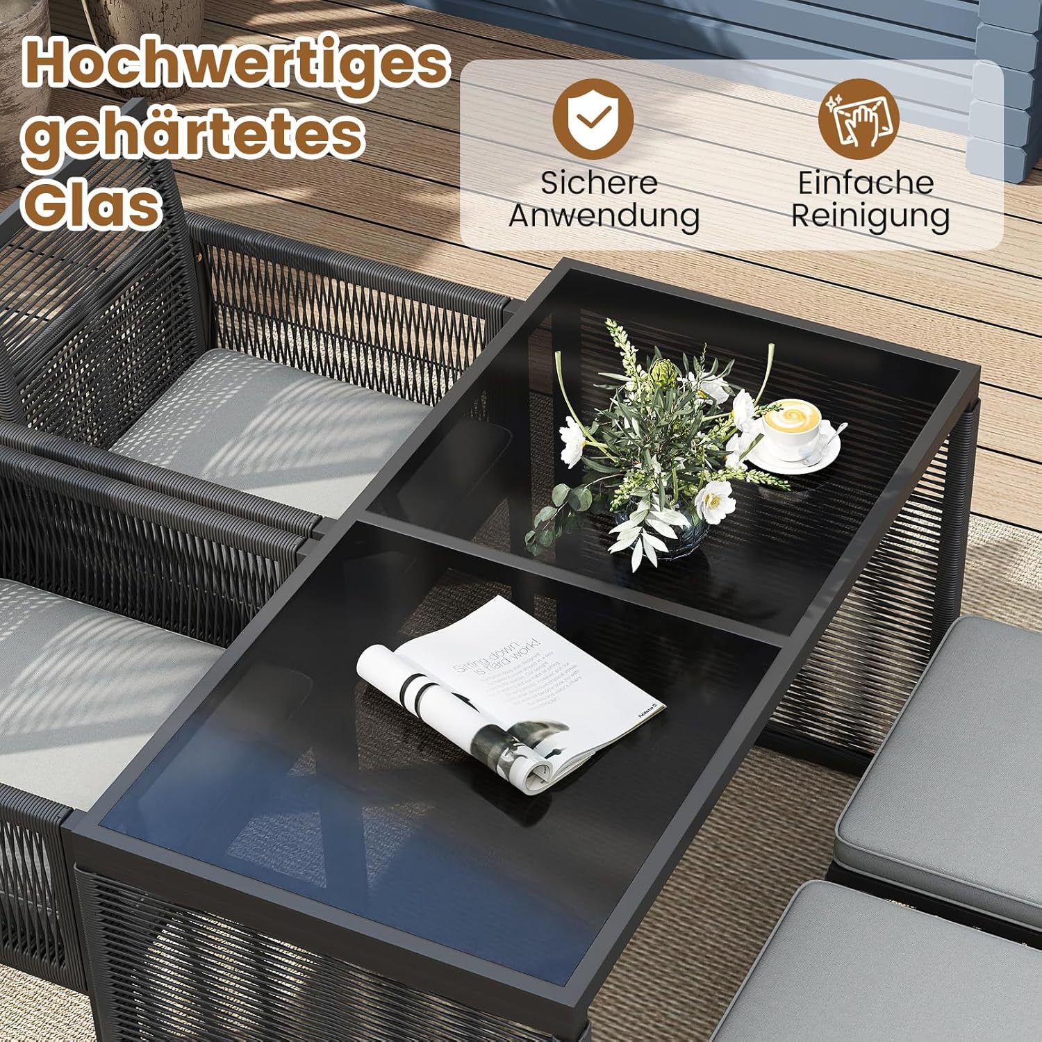 COSTWAY 5tlg. Rattan Gartenmöbel Set, Balkonmöbel, Balkonset inkl. 2 Stühle mit Kissen, Hocker & Tisch, Terrassenmöbel, platzsparendes Gartenset mit klappbarer Rückenlehne, Sitzgruppe für Garten
