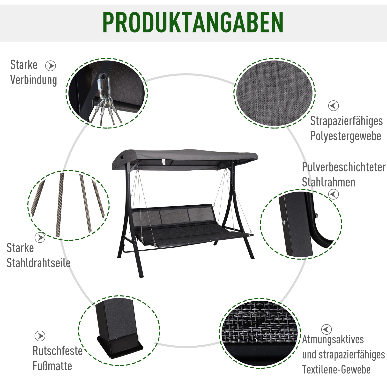 Hollywoodschommel 3-zitter tuinschommel verstelbaar dak Textileen grijs