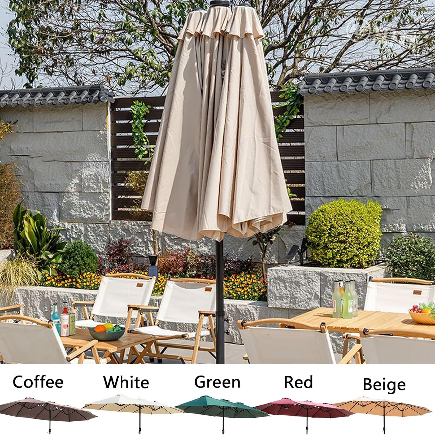 15 Fuß Großer Terrassenschirm (mit Sockel), Großer Doppelseitiger Rechteckiger Sonnenschirm for Den Außenbereich, Ideal for Terrassen, Balkone Und Hinterhöfe(Red,Large Base)