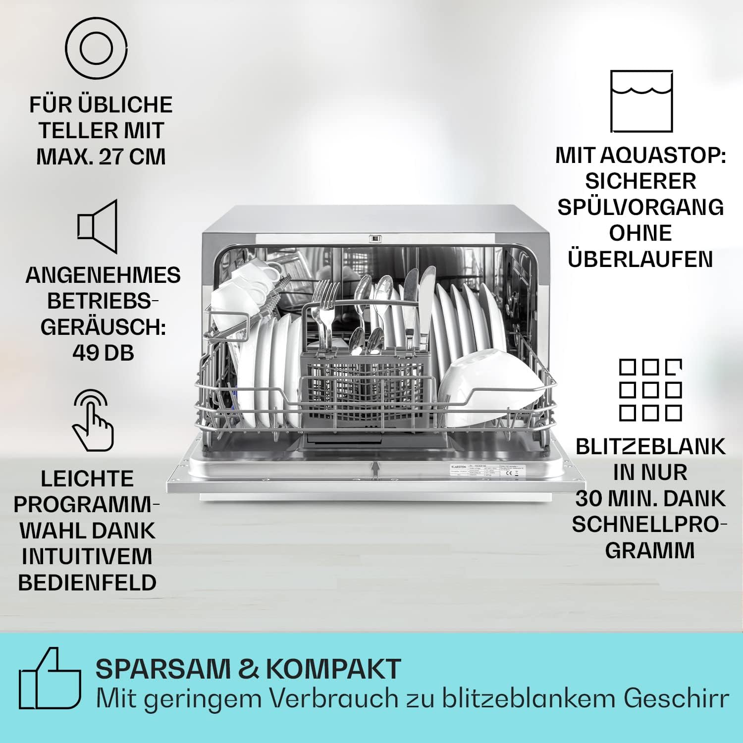 Klarstein  ia 8 - Spülmaschine, Geschirrspüler, Freistehend, Teilintegriert, F, 55 cm breit, 8 Maßgedecke, 6 Programme, Aquastop, silber