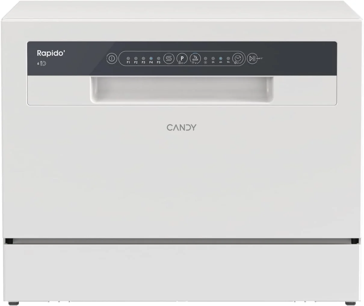 Candy CP 6E51LW Lavavajillas Pequeño y Compacto, 6 Servicios, Digital, 51DBA, 5 Ciclos, Media Carga, Inicio Diferido 3-6-9 horas, Indicador Sal y Abrillantador, Indicador Fin de Ciclo, Blanco
