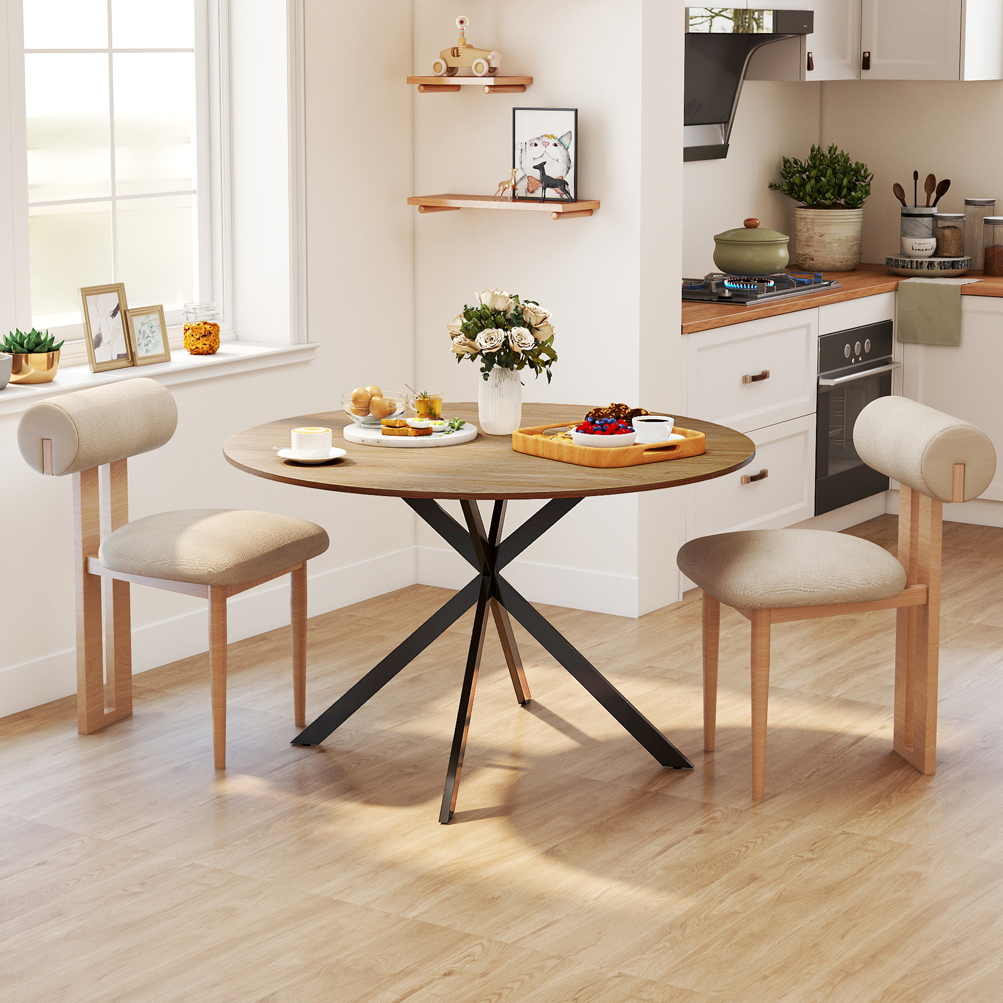 Ronde Eettafel voor 4 Personen, Keukentafel in Industri?le Stijl met Stalen Poten, voor Eetkamer, Keuken, Eiken