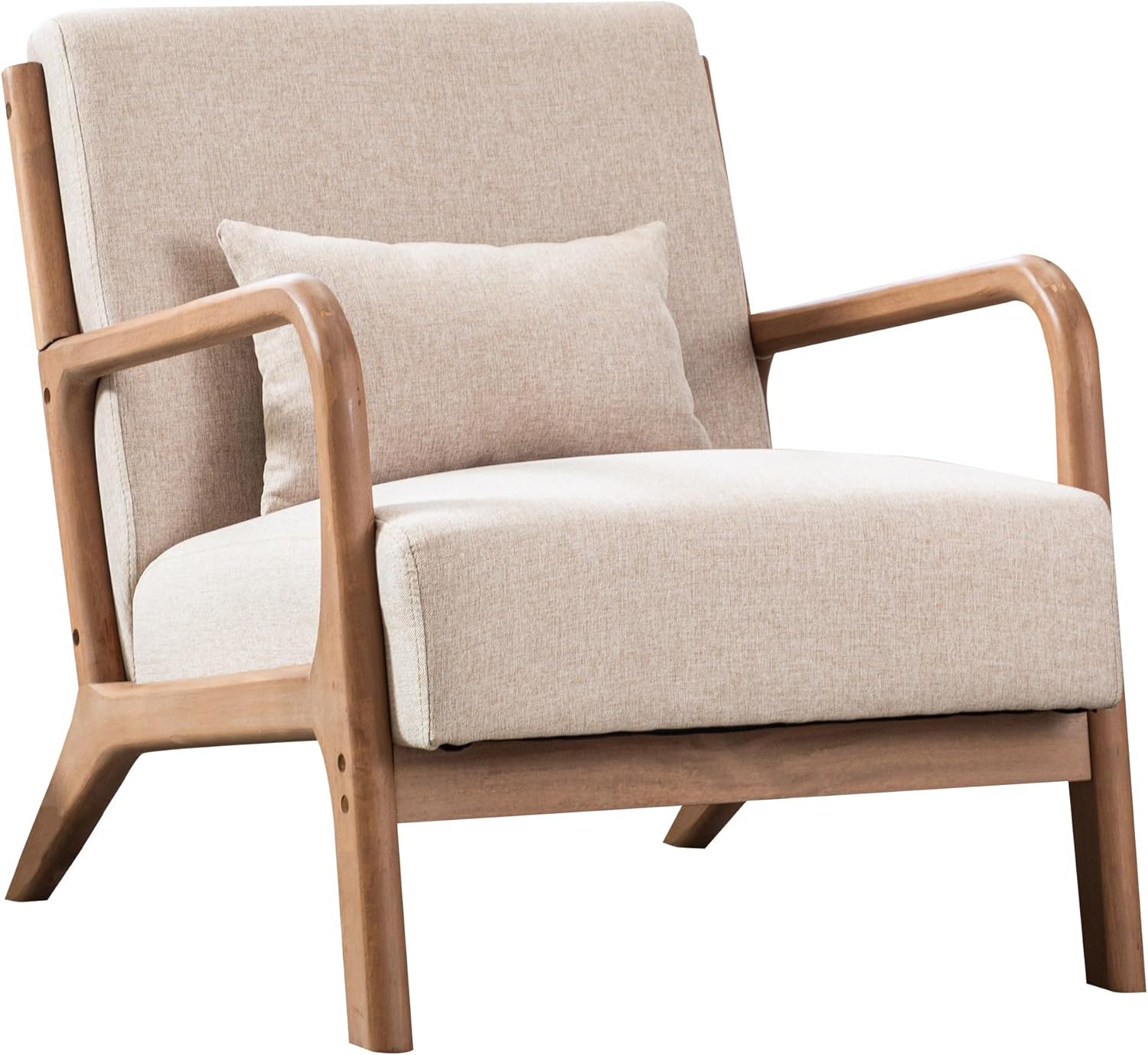 EBELLO Accent Sessel mit Kissen, Mid-Century Moderner Polstersessel für Wohnzimmer, Ohrensessel mit Holzrahmen & Armlehnen, Lesesessel bis 150kg belastbar, Beige