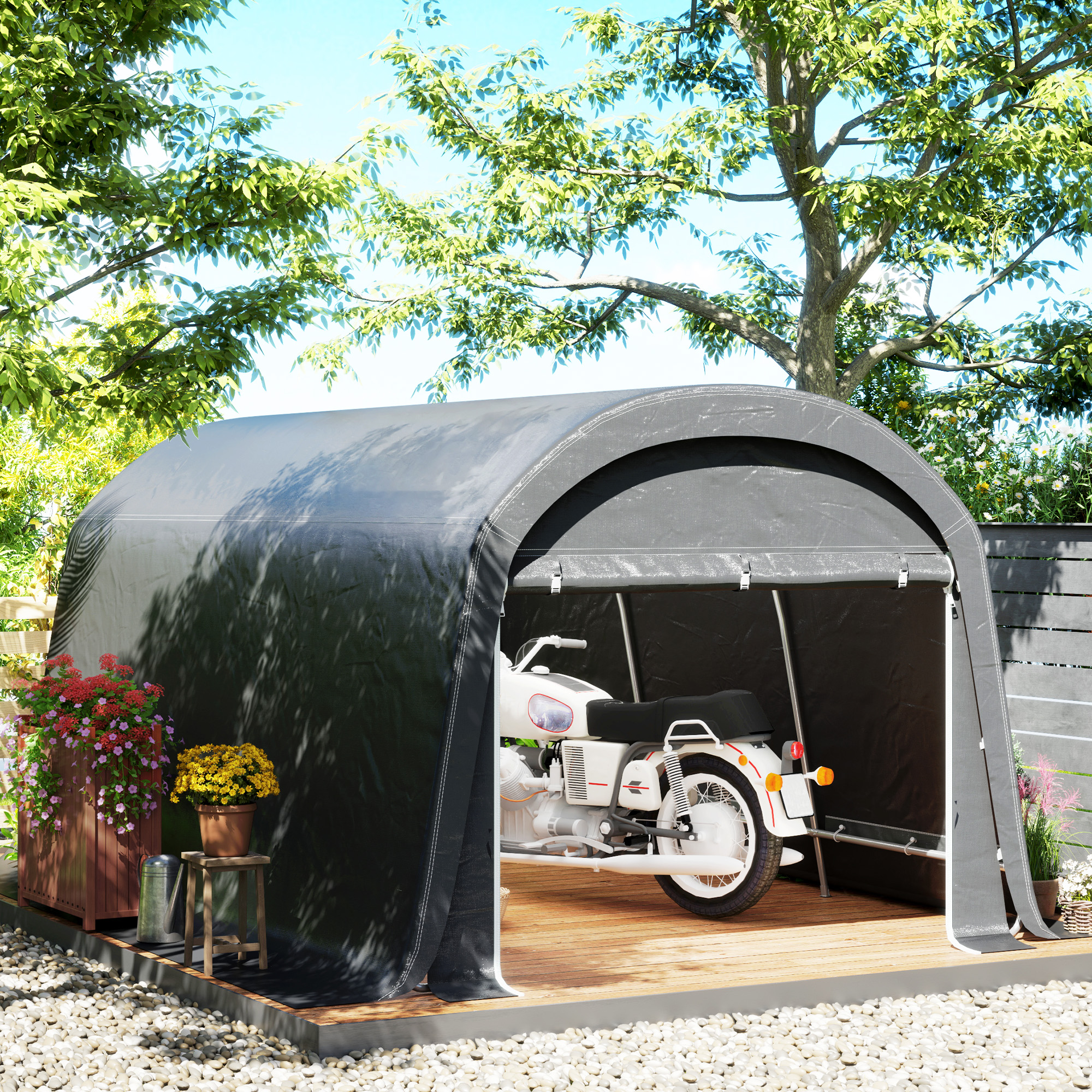 /Tuinschuur met Plastic Zeil, Gereedschapstent, Opzetbare Garage, 300B x 450D x 230H cm, Donkergrijs