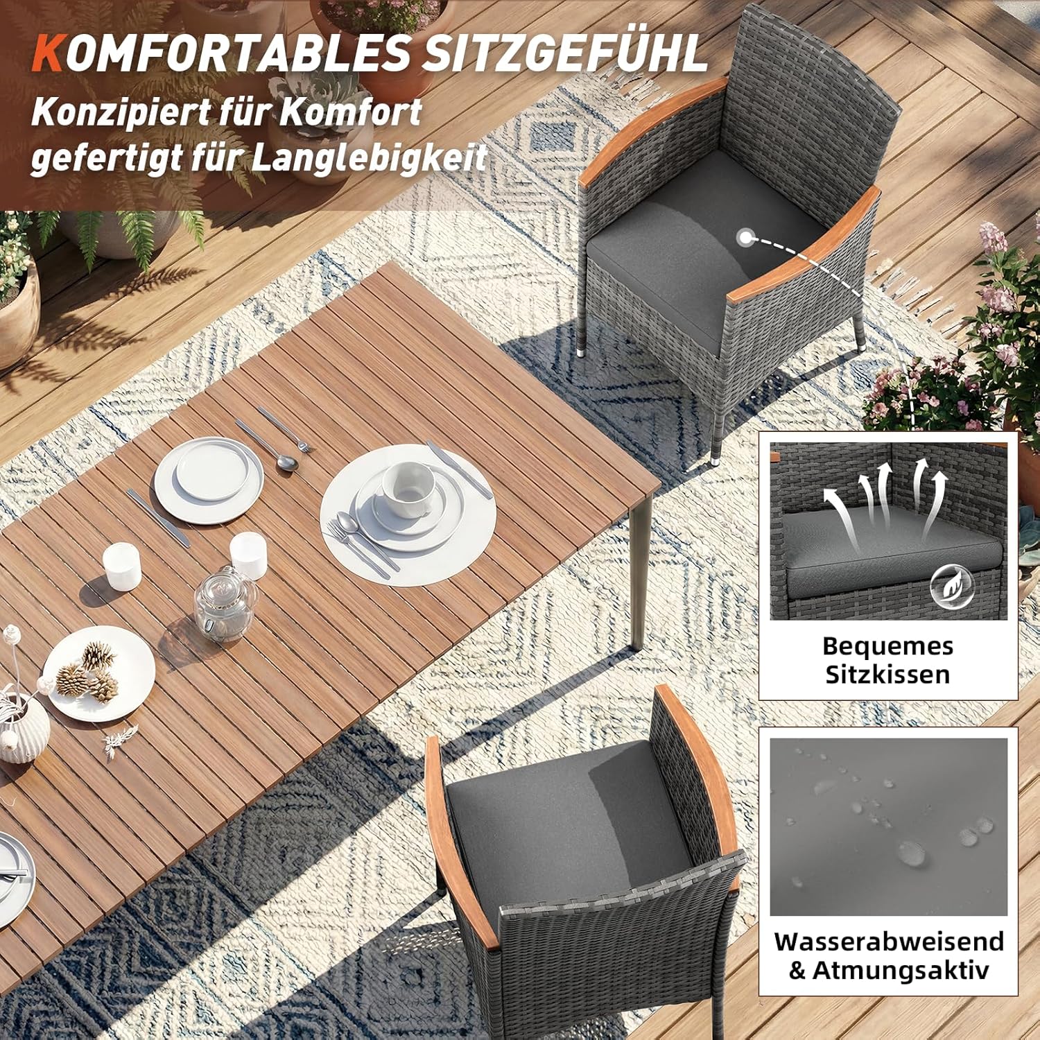 UDPATIO Gartenstühle 2er Set Rattan mit Kissen, Wetterfeste Gartenmöbel, Gartenstuhl Hochlehner für Balkon Terrasse, Outdoor Lounge Sessel, 60 * 59 * 85cm, Grau