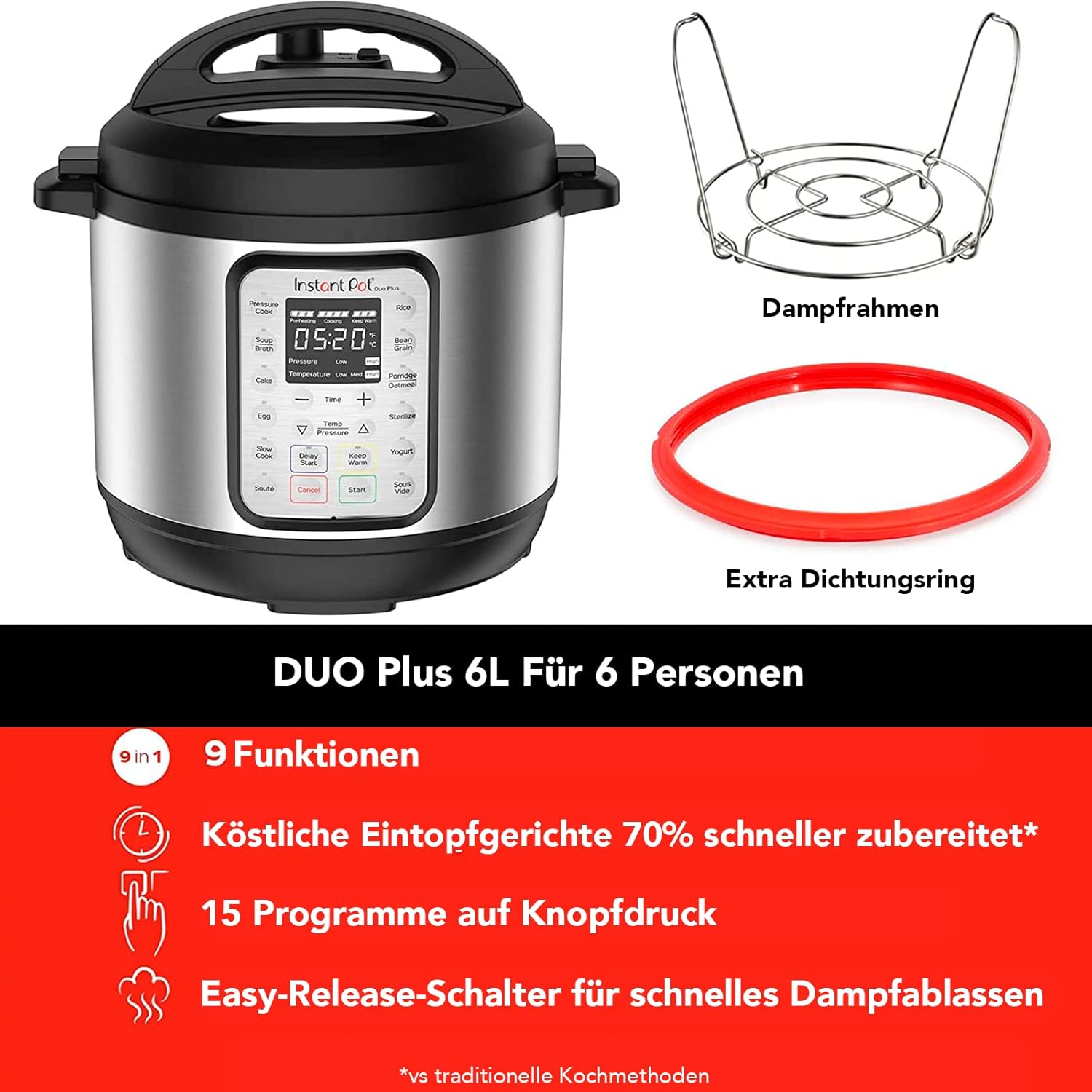 Instant Pot Pro 10-in-1-Elektro-Multikocher 1200 W, 5,7 L – Schnellkochtopf, Schongarer, Reiskocher, Dampfgarer, Sautierpfanne, Sterilisator, Joghurtbereiter, Sous Vide Gert – Schwarzer Edelstahl