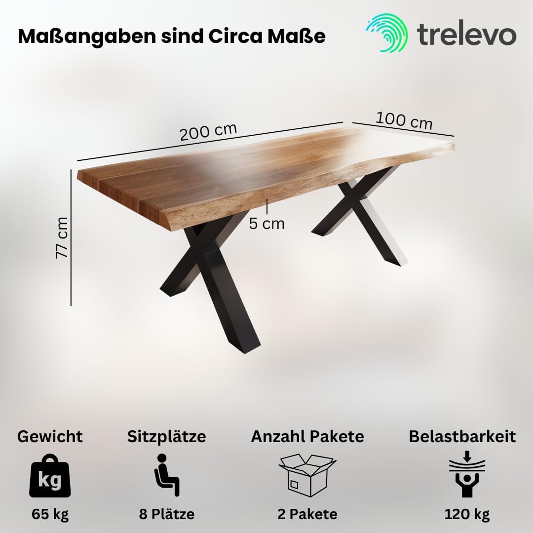 Esszimmertisch 200x100 cm, Akazienholz massiv, Tischplatte naturfarben, echte Baumkante, X-Gestell schwarz, Baumkantentisch
