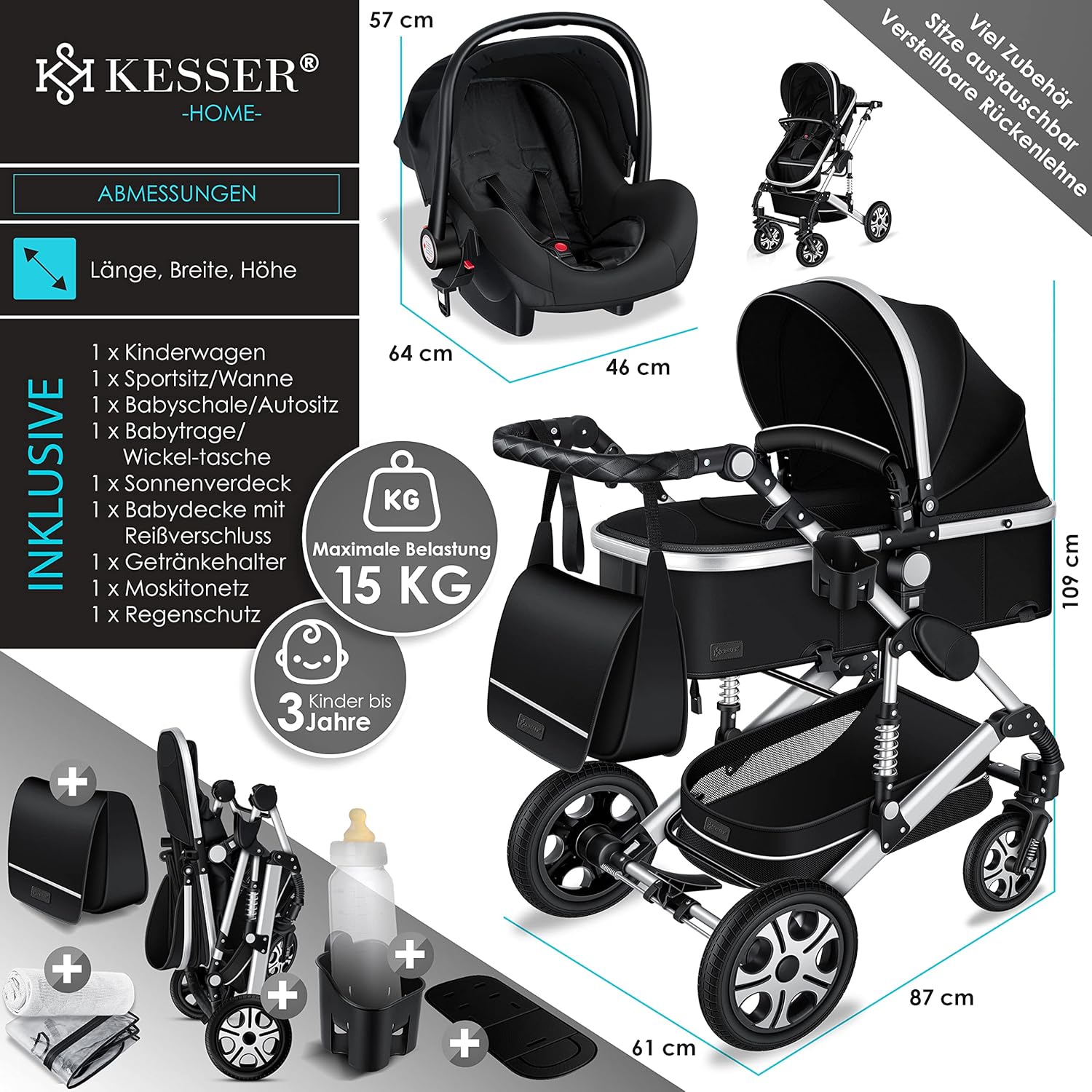 KESSER® Loops 3 in 1 Kinderwagen Kombikinderwagen Komplett-Set inkl. Babywanne & Buggy Sportsitz & Auto-Babyschale Voll-Gummireifen Wickeltasche Regenschutz Kindertisch ECE R129, Schwarz/Champagne