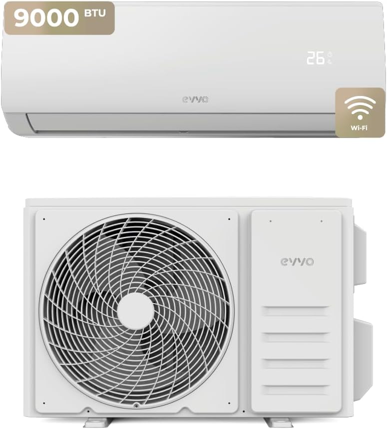 EVVO Splitklima-Klimaanlage, WLAN, Kühlung und Heizung, WLAN-Konnektivität, Invertermotor, Wärmepumpe, Klasse A++/A+, Luftentfeuchter, Kühlmittel R32 (9.000 BTU)