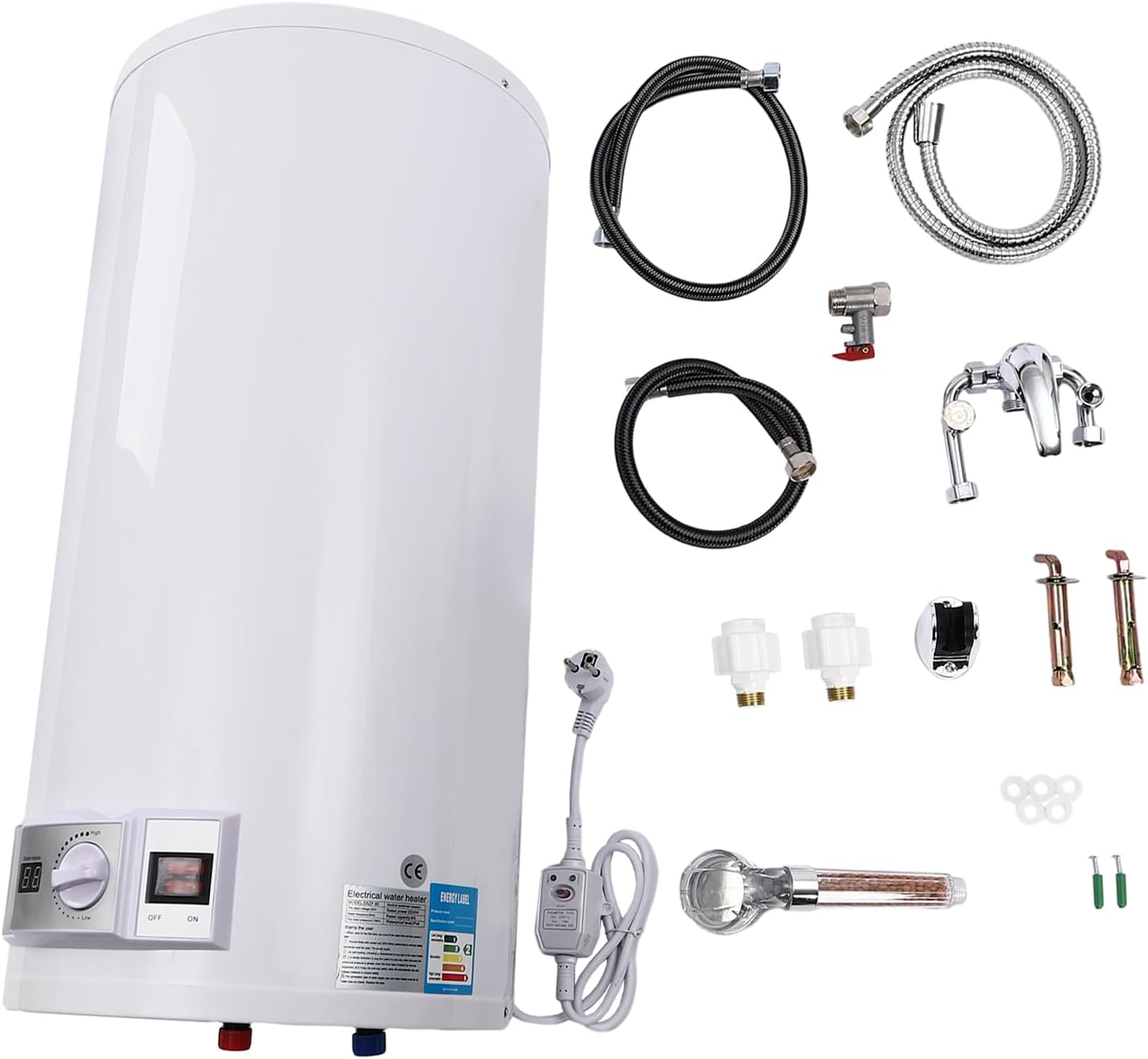 EU 50L Elektronischer Warmwasserbereiter, Durchlauferhitzer mit Temperaturanzeigefeld und Leckage-Schutz, Elektrischer Wassererhitzer bis 75℃ mit Handbrause Wasserhahn für Küchen Toiletten, 71 * 34cm