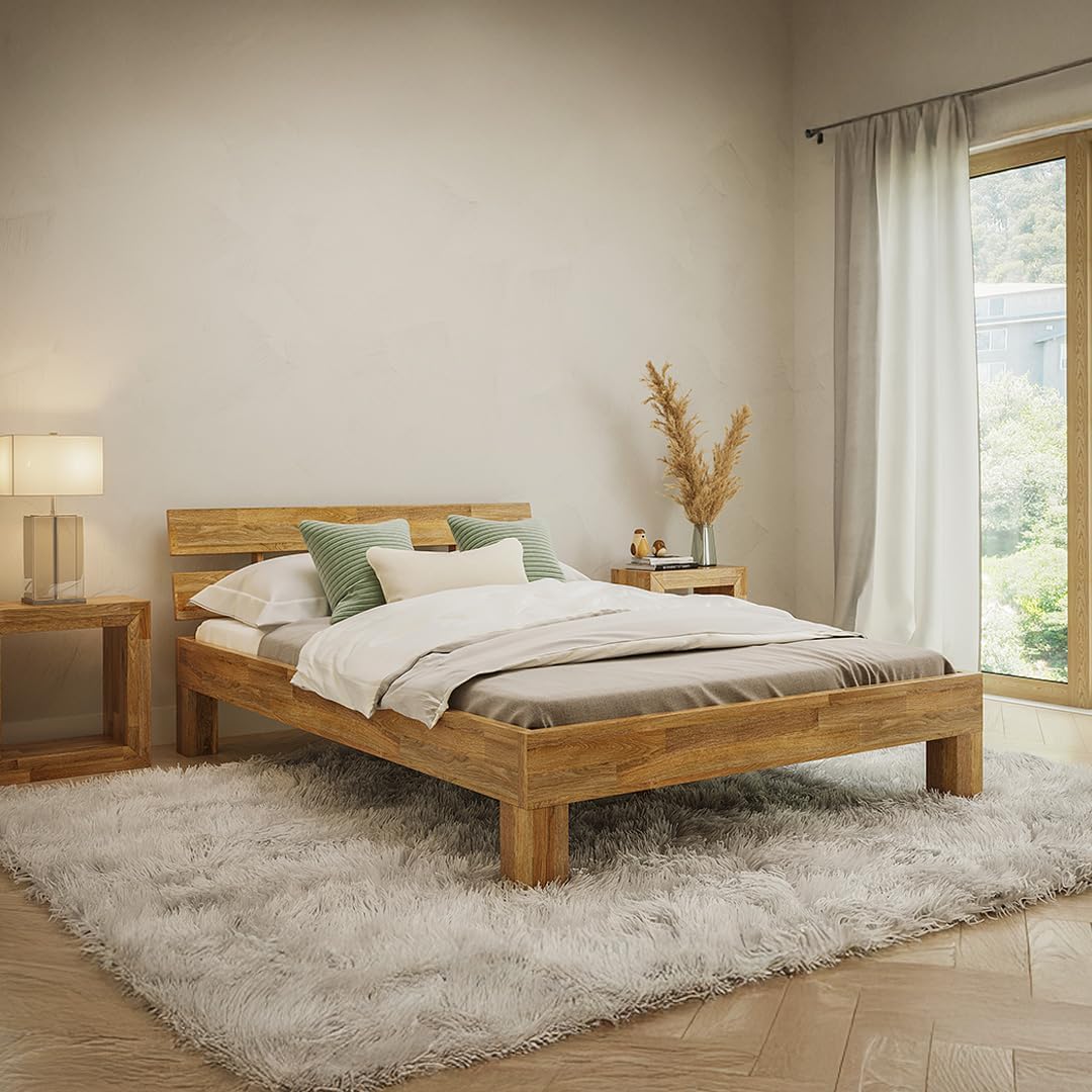 skølm Floki Massivholzbett 140x200 cm aus Eiche - hochwertiges Bettgestell - Bettrahmen mit Bettkopf - Holzbett in Natur geölt - Bett 140x200 cm geeignet als Doppelbett - Futonbett