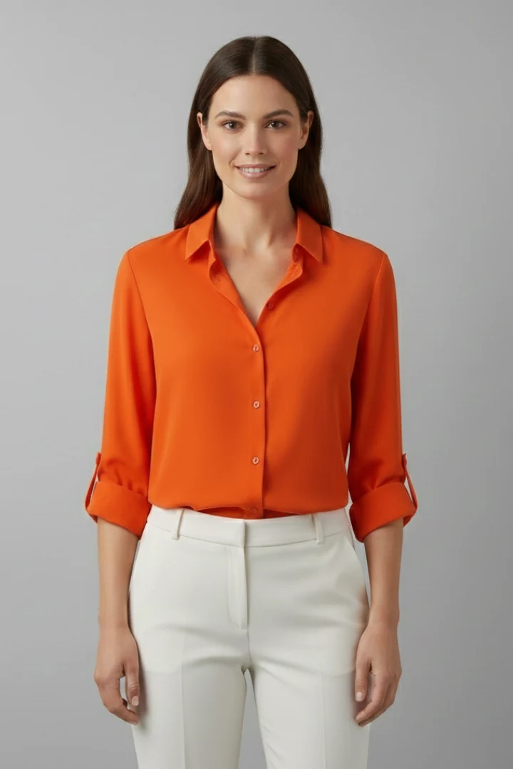 Damenbluse mit Knopfleiste und Umlegekragen | Klassische Langarm Hemdbluse mit leichtem Glanz und abgerundetem Saum f��r den Alltag