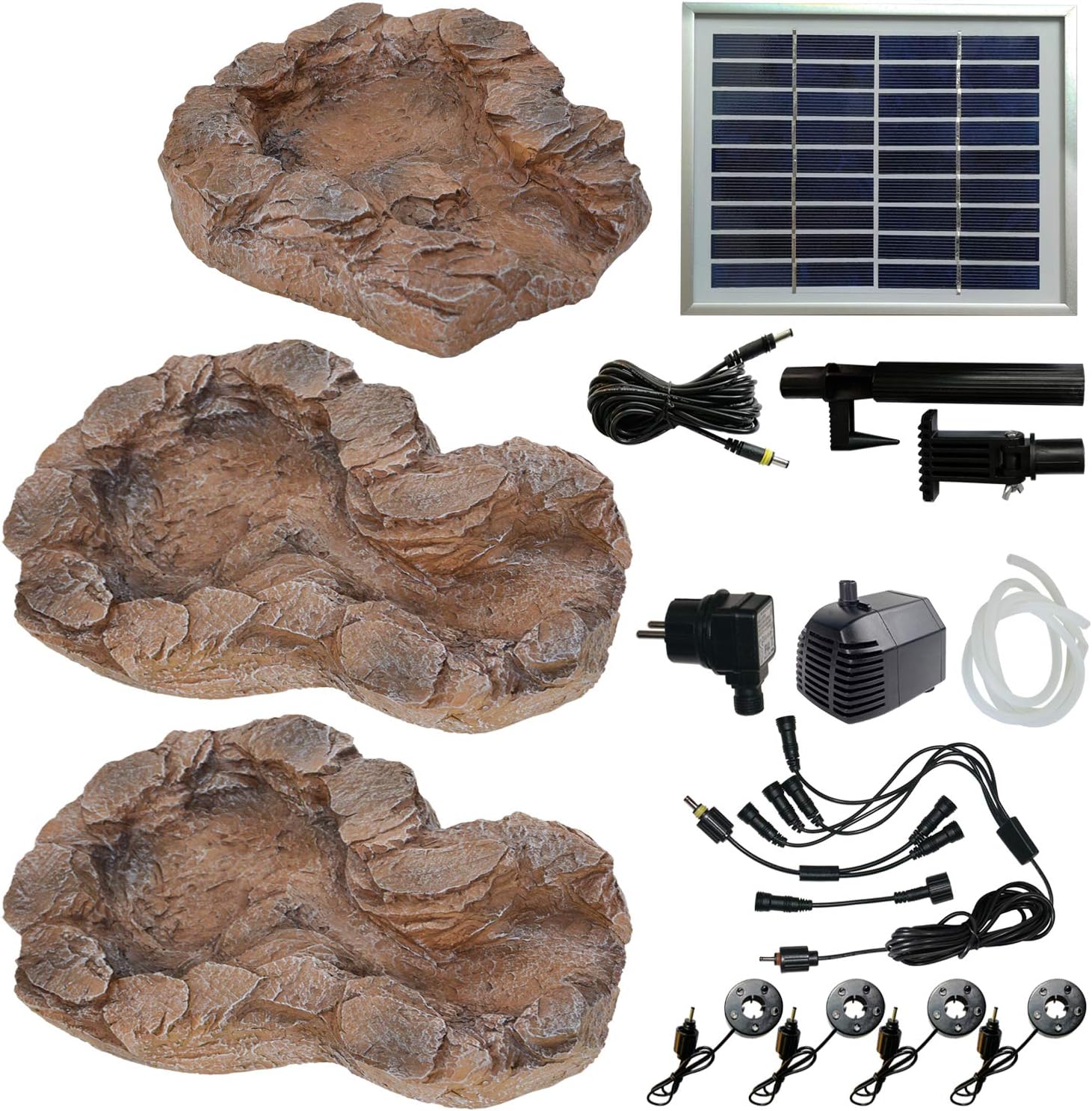 Solar GARTENBRUNNEN Bachlauf QUELLBACH II mit LED-Licht/Hybrid-System, 230V ZIERBRUNNEN VOGELBAD Wasserfall GARTENLEUCHTE TEICHPUMPE - SPRINGBRUNNEN WASSERSPIEL für Garten, Gartenteich, Teich