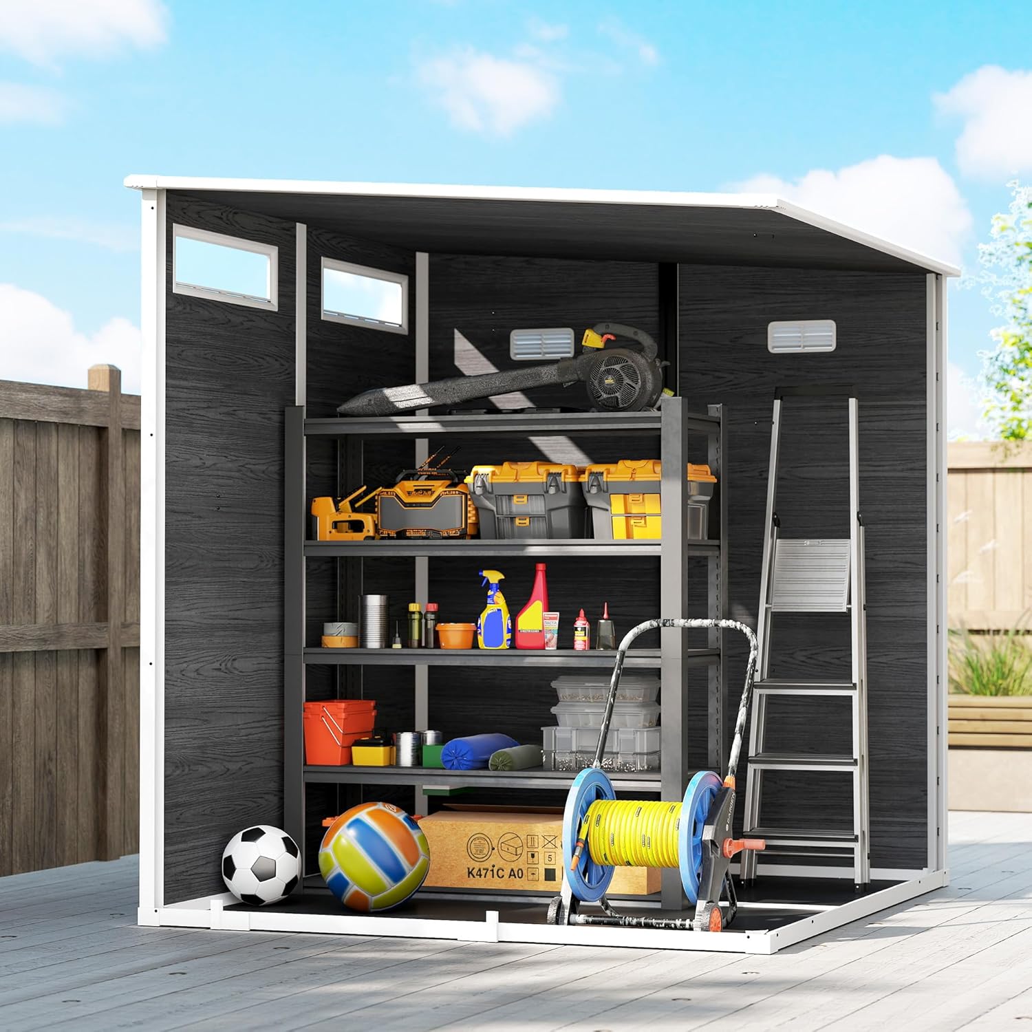 Outsunny Gerätehaus 2,89 m² Geräteschuppen mit Holzoptik 3 Fenster 182 x 182 x 196 cm Kunststoff Gartenschuppen mit Belüftung Boden Schloss Handschuhe, Gartenhaus für Werkzeuge Fahrrad Grau