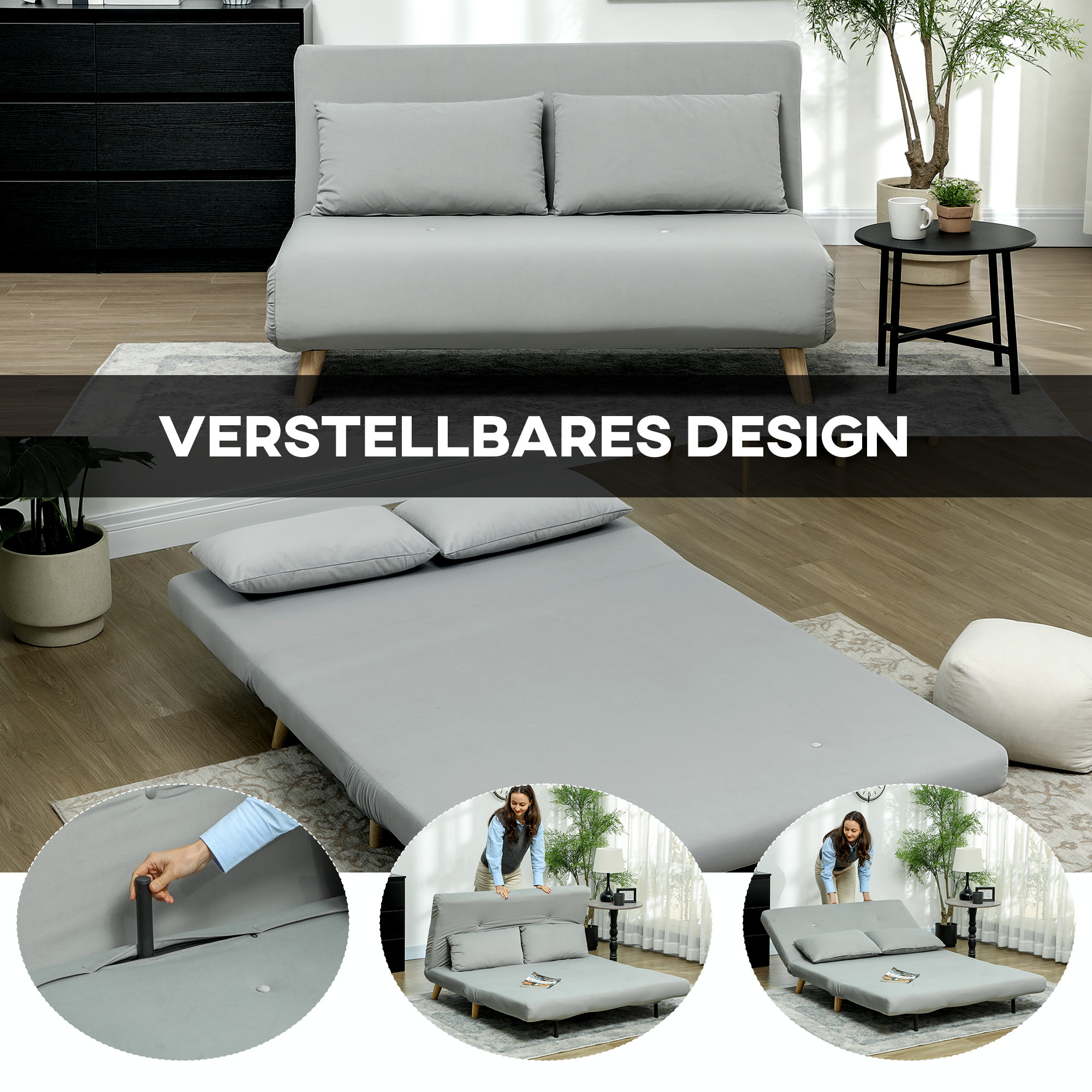 Slaapbank Relaxbank Bank Sofa, incl. 2 Kussens, Fluweel Look, 130 x 78 x 79 cm, Lichtgrijs