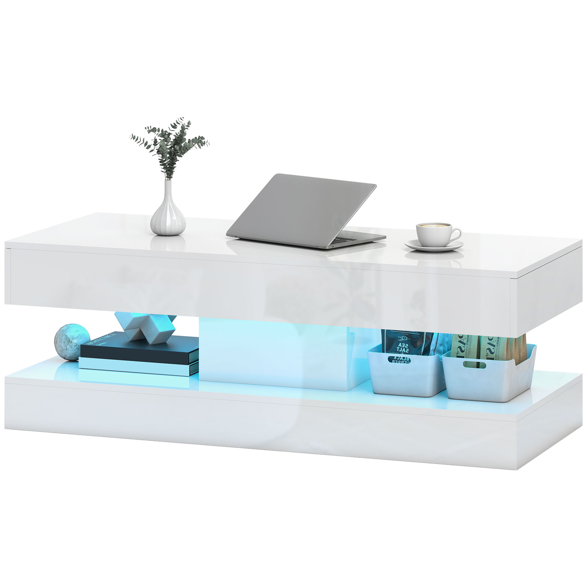 Salontafel met Lades en LED-verlichting, moderne Sofatafel met open opbergruimte, Salontafel, Spaanplaat, Wit