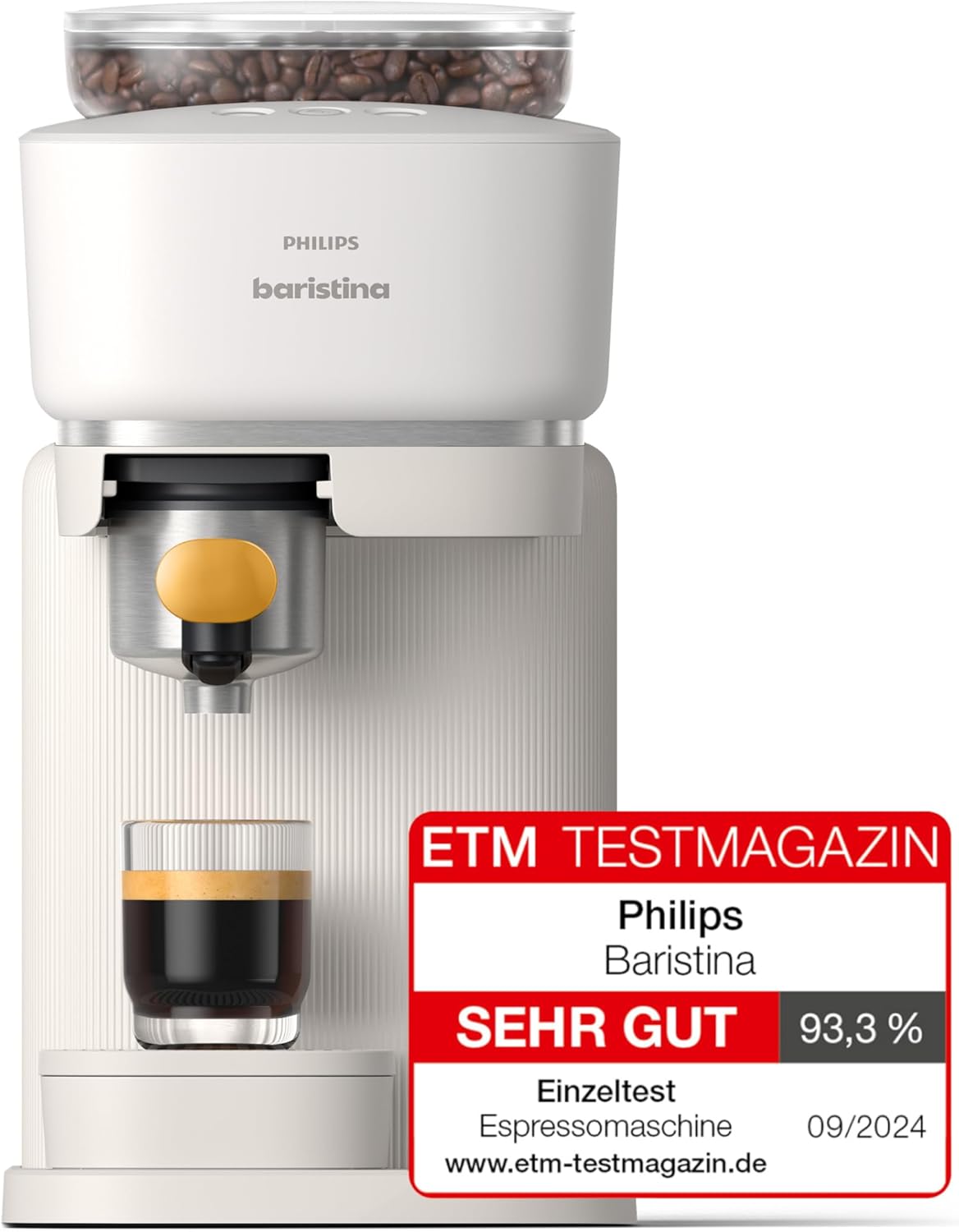 Baristina Espressomaschine – Automatisches Mahlen, Tampen & Brühen,16 Bar, Kaffeemaschine mit Mahlwerk & Siebträger, leichte Reinigung, Espresso & Café Crema, Naturweiß/Mangogelb (BAR305/03)