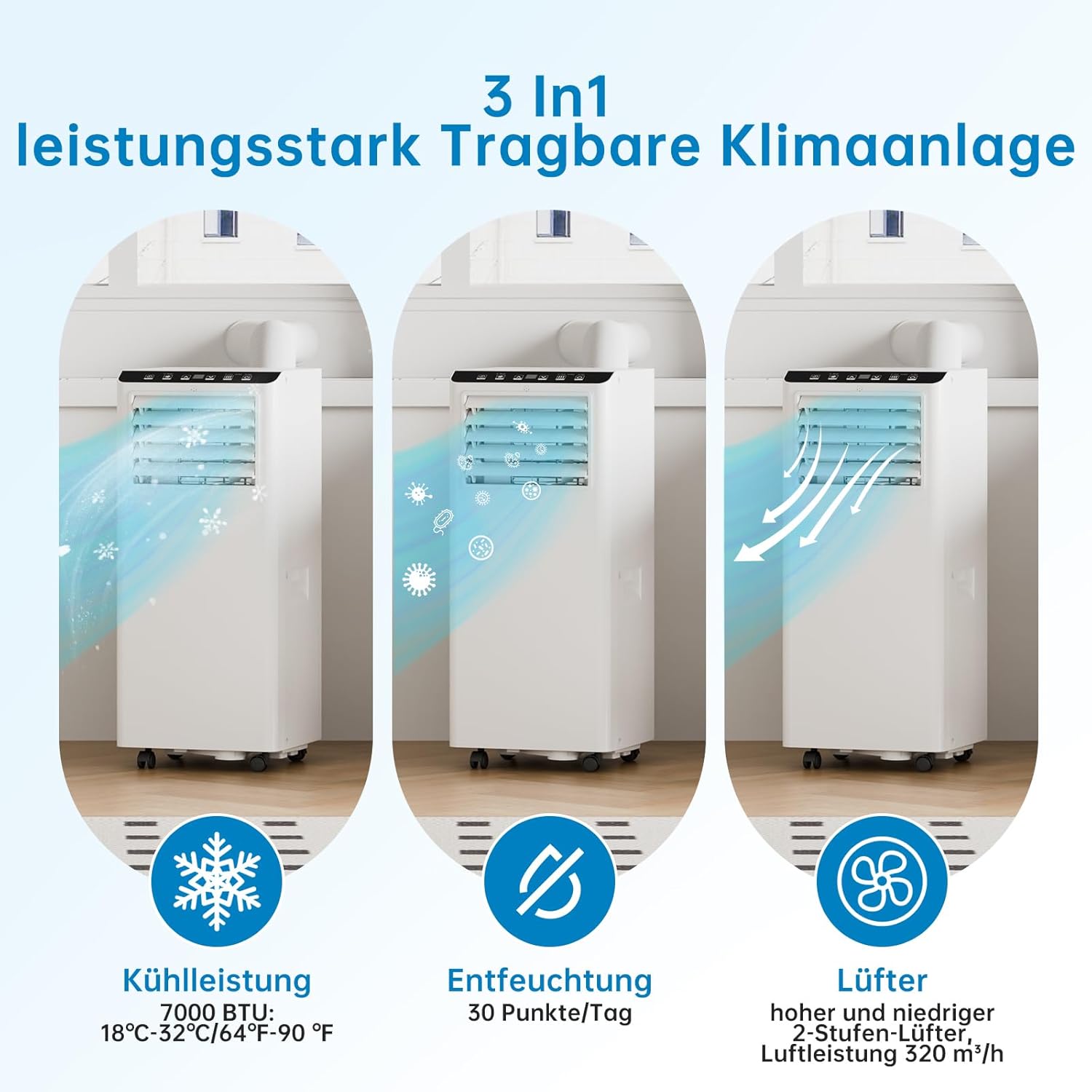 Tragbare Klimaanlage, mobiles Klimagerät 7000BTU, Kühlfunktion, Belüftung und Entfeuchtung, 2 Geschwindigkeitsstufen, Timer, 24 Fernbedienung, R290, ohne Außeneinheit