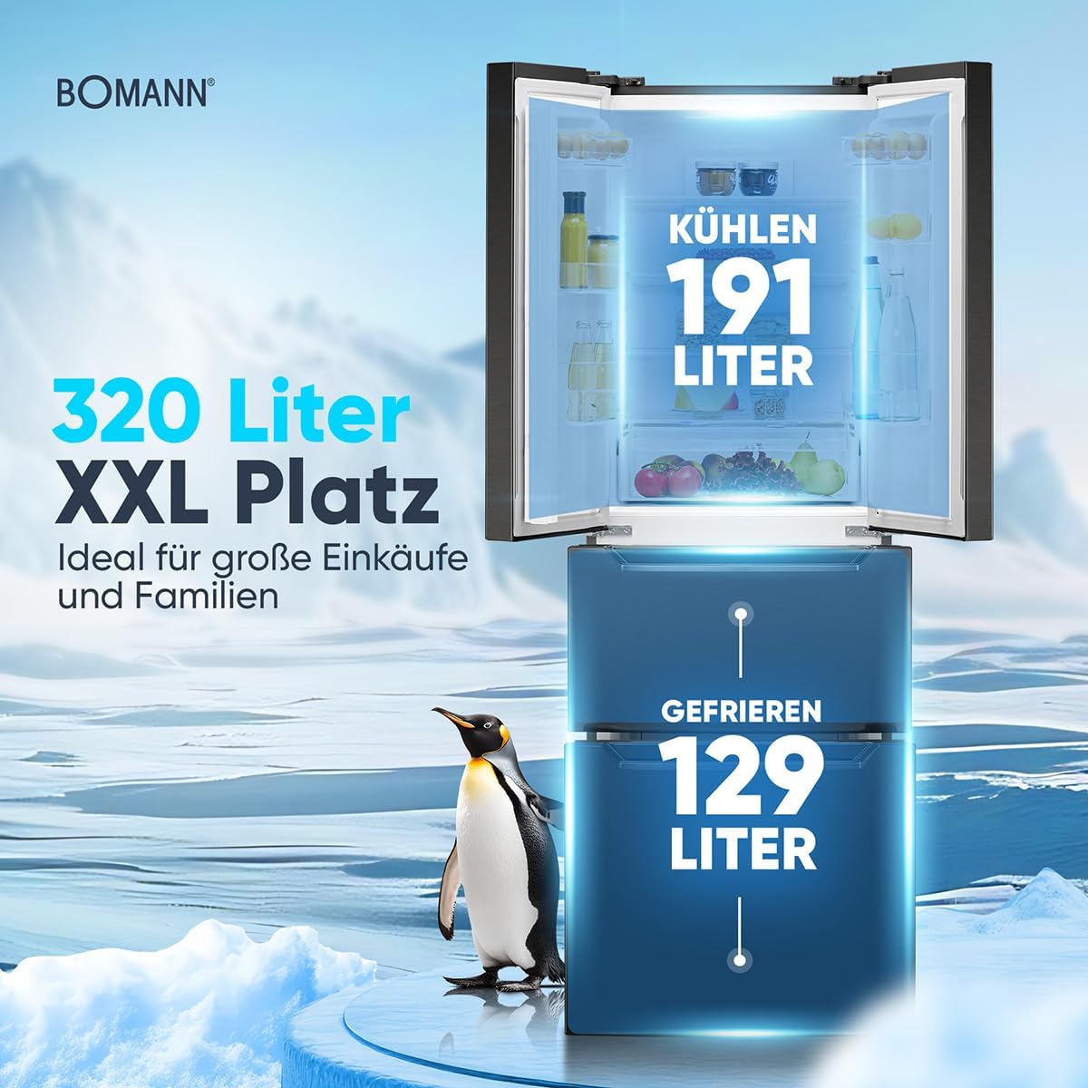 Bomann® Kühlschrank mit Gefrierfach | No-Frost Gefrierteil | 186cm Kühlschrank | 39dB | Kühl Gefrierkombination mit MultiAirflow | 320L | Kühl Gefrierkombination No-Frost | KG 7361 schwarz-inox