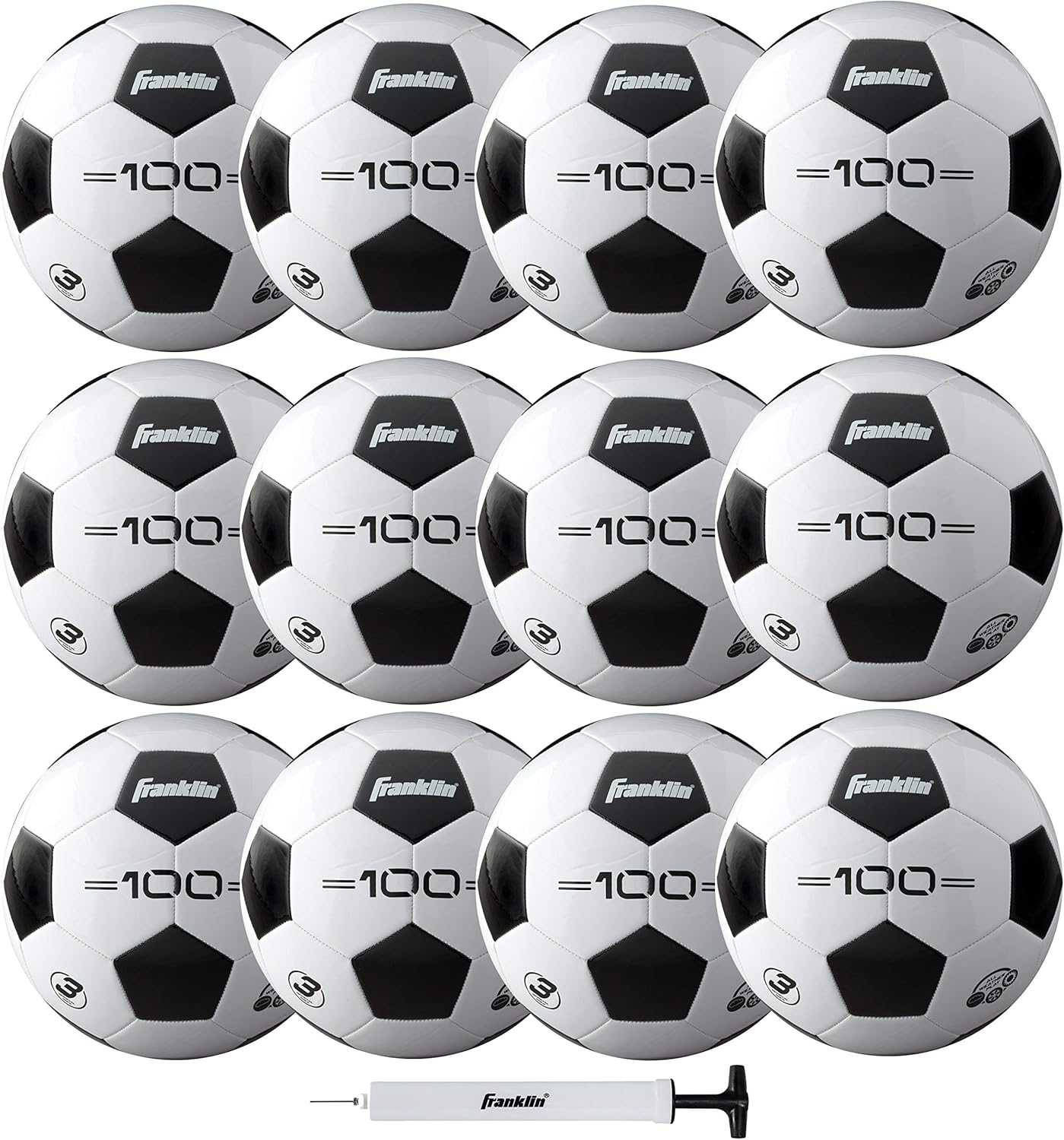 Franklin Sports Fußballbälle – Wettkampf 100 Jugendliche + Erwachsene Fußball – Größe 3, Größe 4 + Größe 5 Traditionelle Fußbälle – Single + 12 Bälle Großpackungen – Schwarz + Weiß