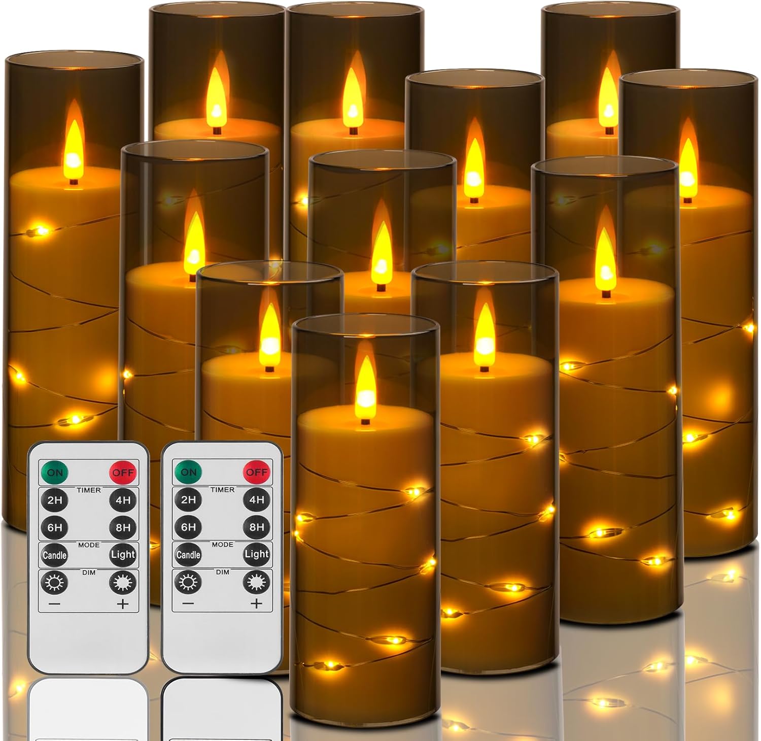 ACROSS Graue flammenlose Kerzen mit Lichterkette, batteriebetriebene LED-Stumpenkerzen, 12,7 cm, 15,2 cm, 17,8 cm, 20,3 cm, Kerze mit Fernbedienung, künstliche Kerzen, Set mit 12 Stück, für besondere