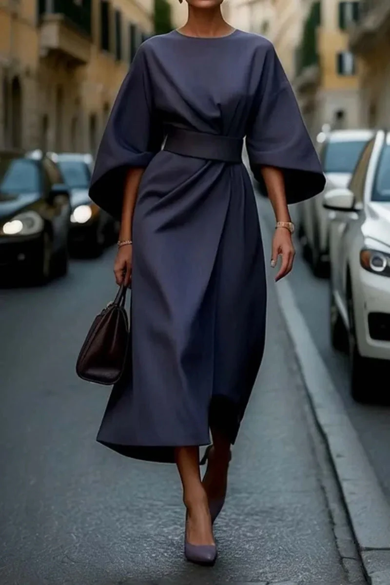 Elegantes Midi-Kleid mit Ballon?rmeln und Taillenband | Stilvolles Damenkleid mit U-Boot-Ausschnitt und Rei?verschluss