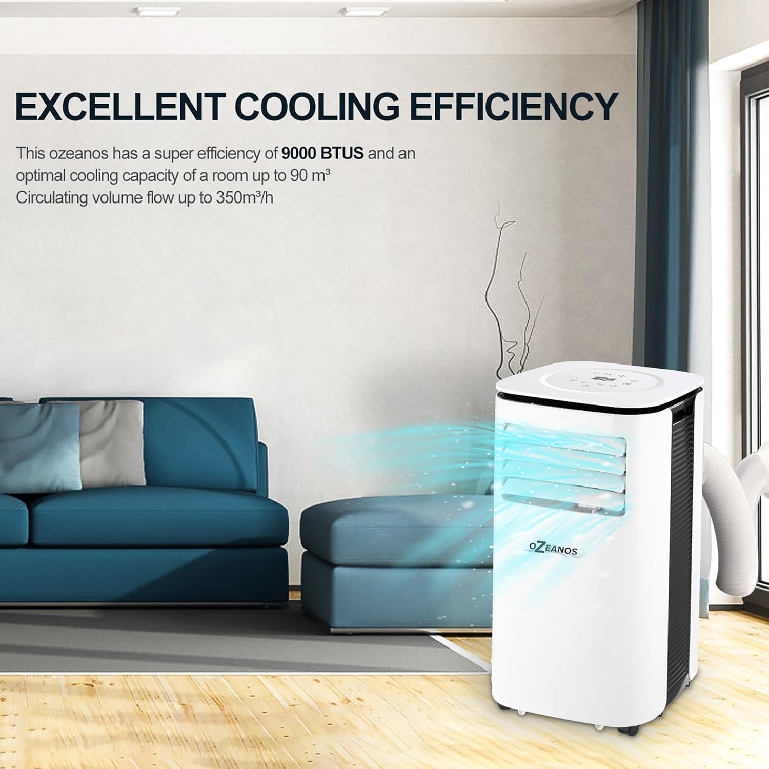 OZEANOS OT-AC-9000 Mobile AC Klimagerät mit Kühlleistung bis zu 9000 BTU/h, Leiser Betrieb unter 65 dB, Timer- und Sleep-Funktion, Kühl-Ventilator- und Entfeuchtungsmodus für Räume bis 90 m3
