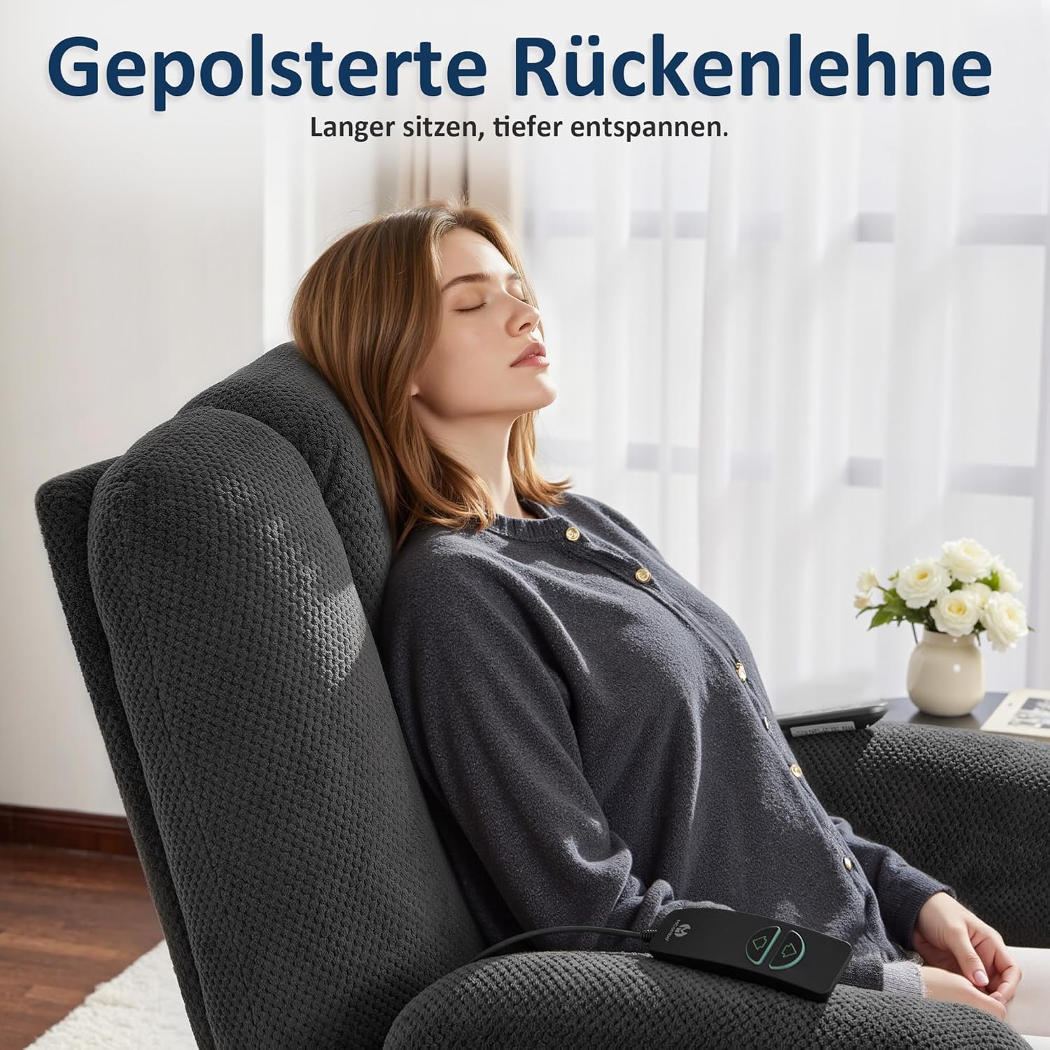 M MCombo Fernsehsessel elektrisch verstellbar, Relaxsessel mit Liegefunktion, TV Sessel mit Massage & Wärmefunktion, USB & Getränkehalter, 35D Vollschaum-Sitzkissen 7008 (Stoff, Dunkelgrau)