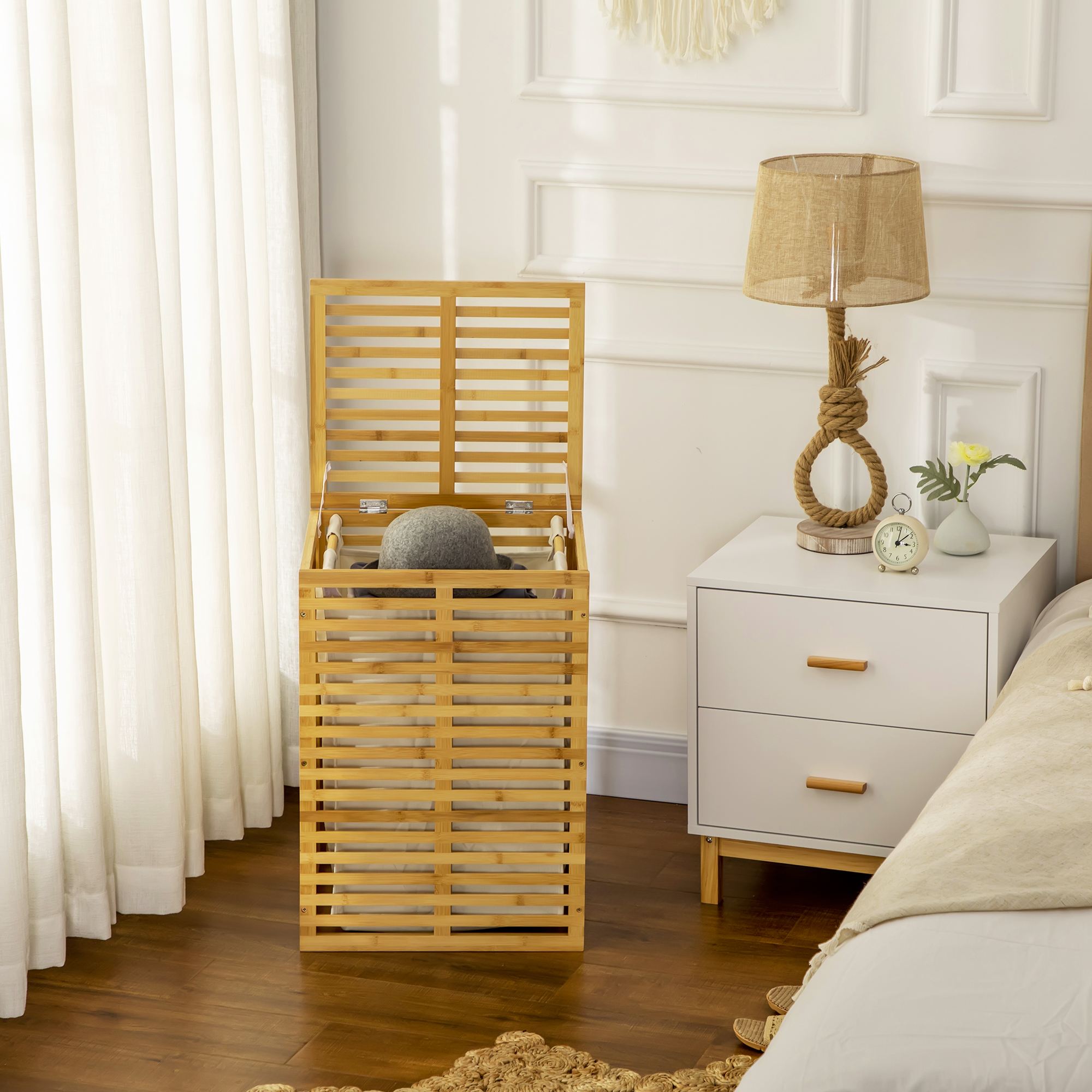 Bamboe Wasmand 63 L met Deksel en Uitneembare Waszak, Stok 44 x 37 x 62,5 cm in Natuurhout