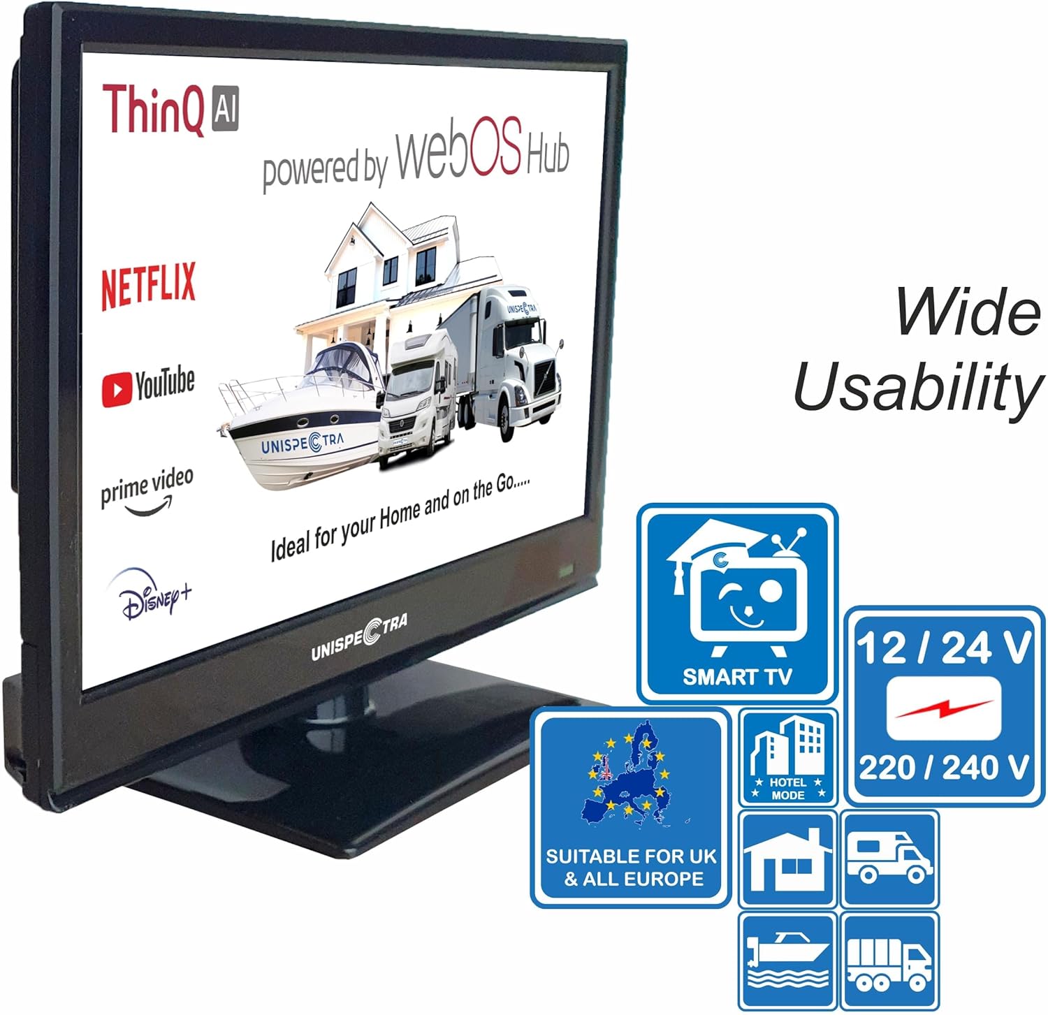 Unispectra® 16“ Smart TV (webOS) Full HD 230V 24V Triple Tuner: Sat, Antenne, Kabel TV, 3xHDMI, 2xUSB, Magic Remote. 12V Fernseher für Wohnmobile, Wohnwagen, LKWs, Lieferwagen, Boote