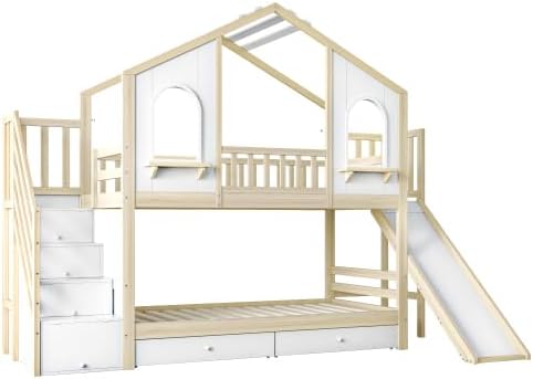 Kinderbett Etagenbett 90x200, Hochbett Hausbett mit Rutsche&Aufbewahrungsleiter&2 Schubladen&Fenstern&Dach, Stockbett Doppelbett Holzbett mit Lattenrost&Rausfallschutz, Kiefer,Ohne Matratze,Holzfarbe