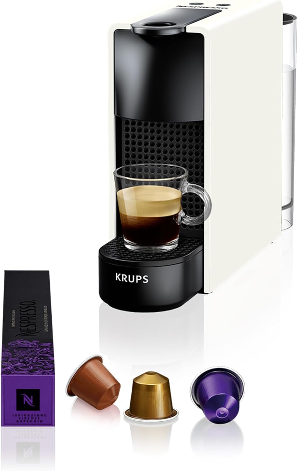 Nespresso Krups Essenza Mini XN1101 - Cafetera monodosis de cápsulas Nespresso, compacta, 19 bares, apagado automático, color blanco (Pack Cápsulas bienvenida incluido)