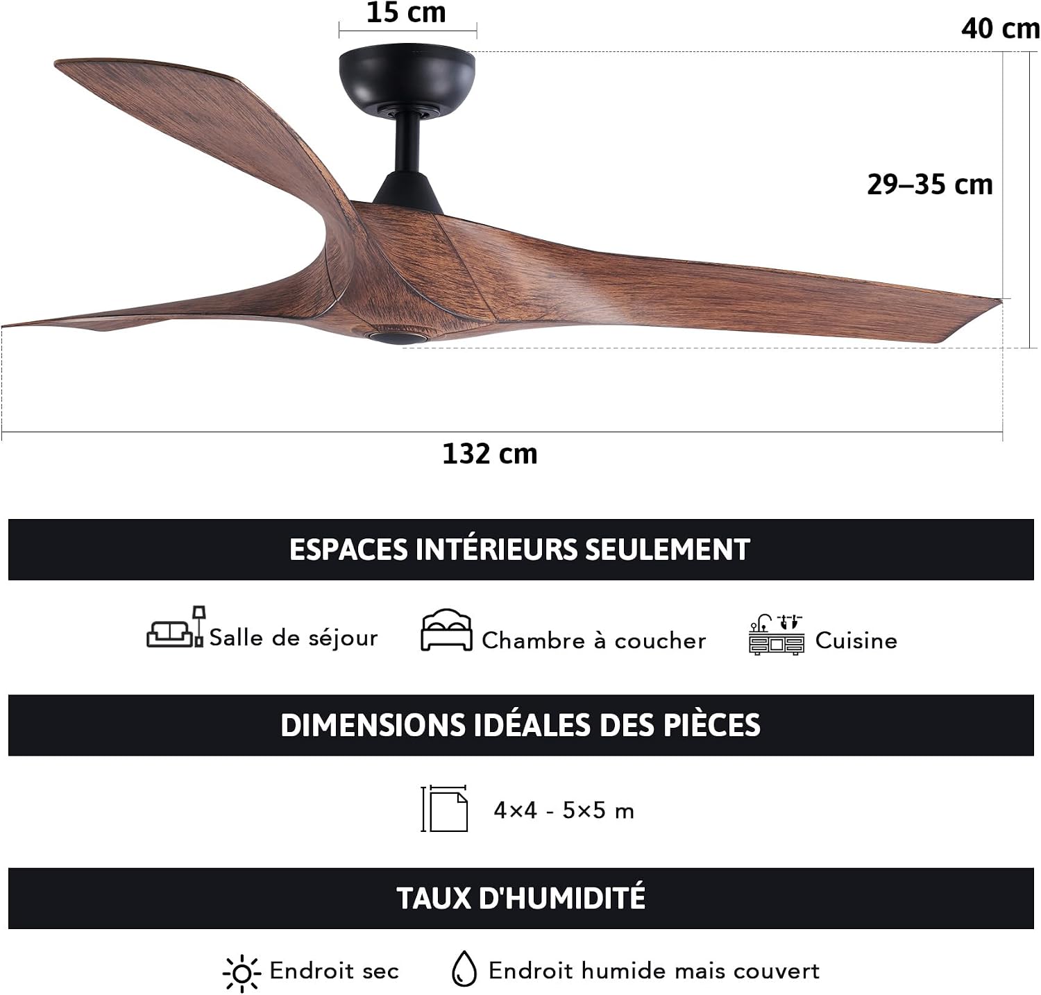 VONLUCE Ventilateur de Plafond Ø132CM 52 Pouces 3 Pales sans Lumière avec Télécommande Moteur DC Silencieux Réversible 6 Vitesses pour Chambre à Coucher Patios Salon Fermier, Noyer