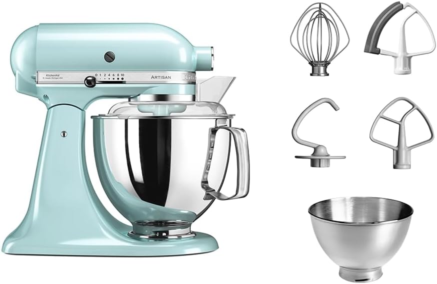 KitchenAid Küchenmaschine I Artisan I Kippbarem Food Processor I Teigknetmaschine mit 5 Zubehör | 2 Schüsseln aus Edelstahl | 4.8 L | Schwarz