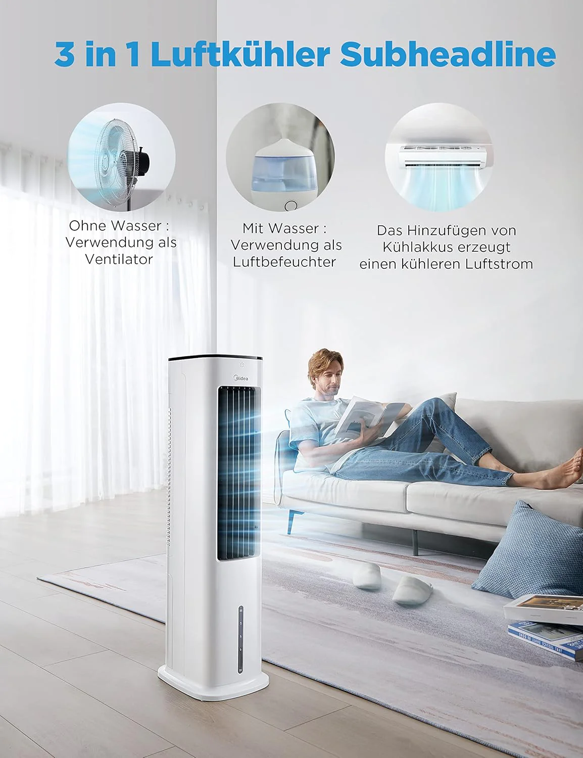 Midea luchtkoeler met waterkoeling, mobiele airconditioning, ventilator met 5L waterkoeling, luchtbevochtiger en ionisatie, airconditioning zonder afvoerslang, 355m/h, ventilator met afstandsbediening, 55W, wit