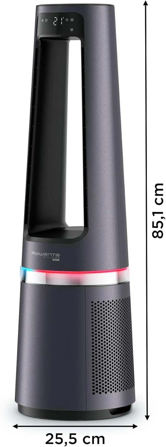 Rowenta Eclipse 3 en 1, Ventilador, purificador y calefactor de 2100 W, filtra hasta el 99,95 % partículas, silencioso, oscilación, luz decorativa, encendido programable, plata, QU5062